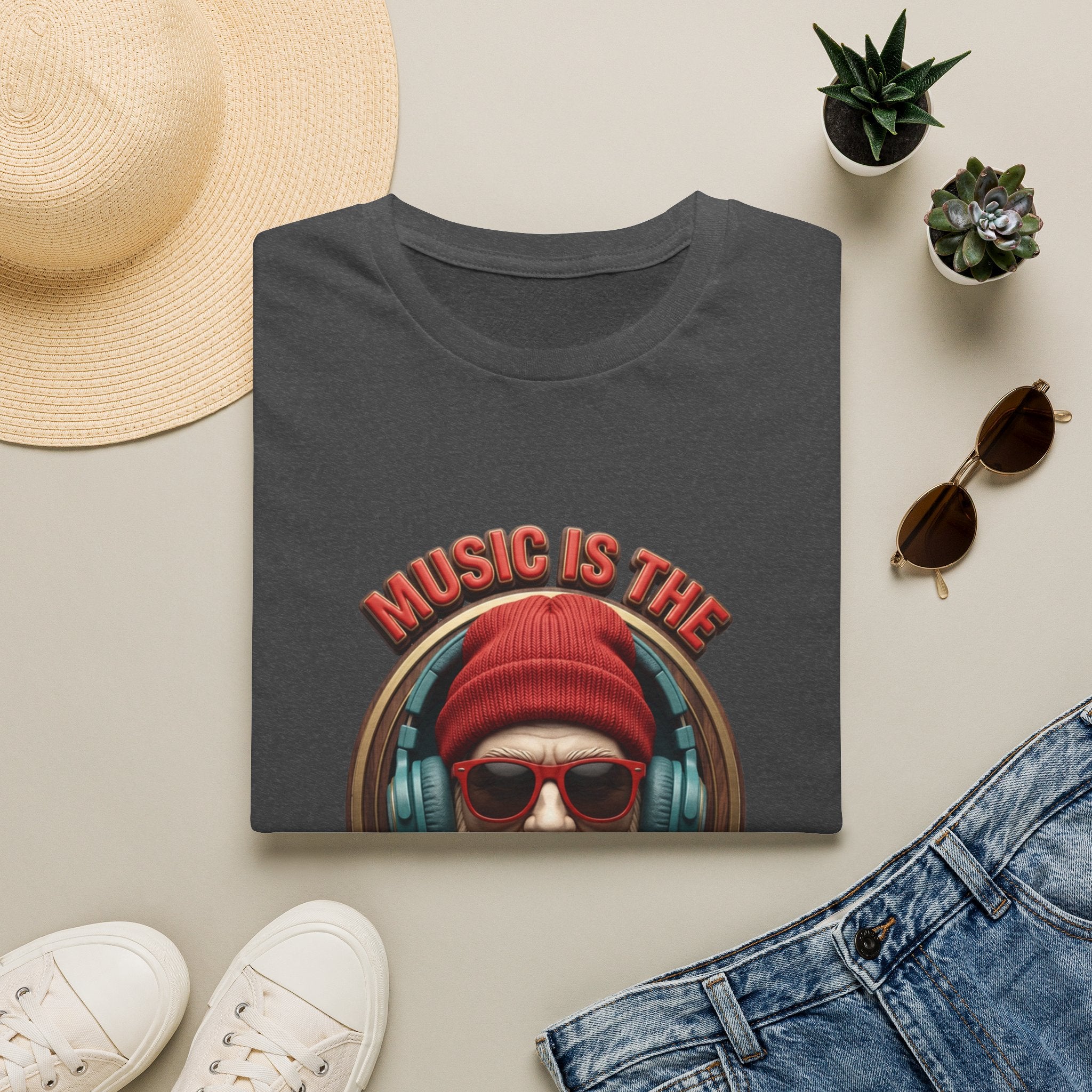 Music Is The Only Therapy Bearded Beanie print on a Dark Heather t-shirt, folded beside a straw hat and jeans