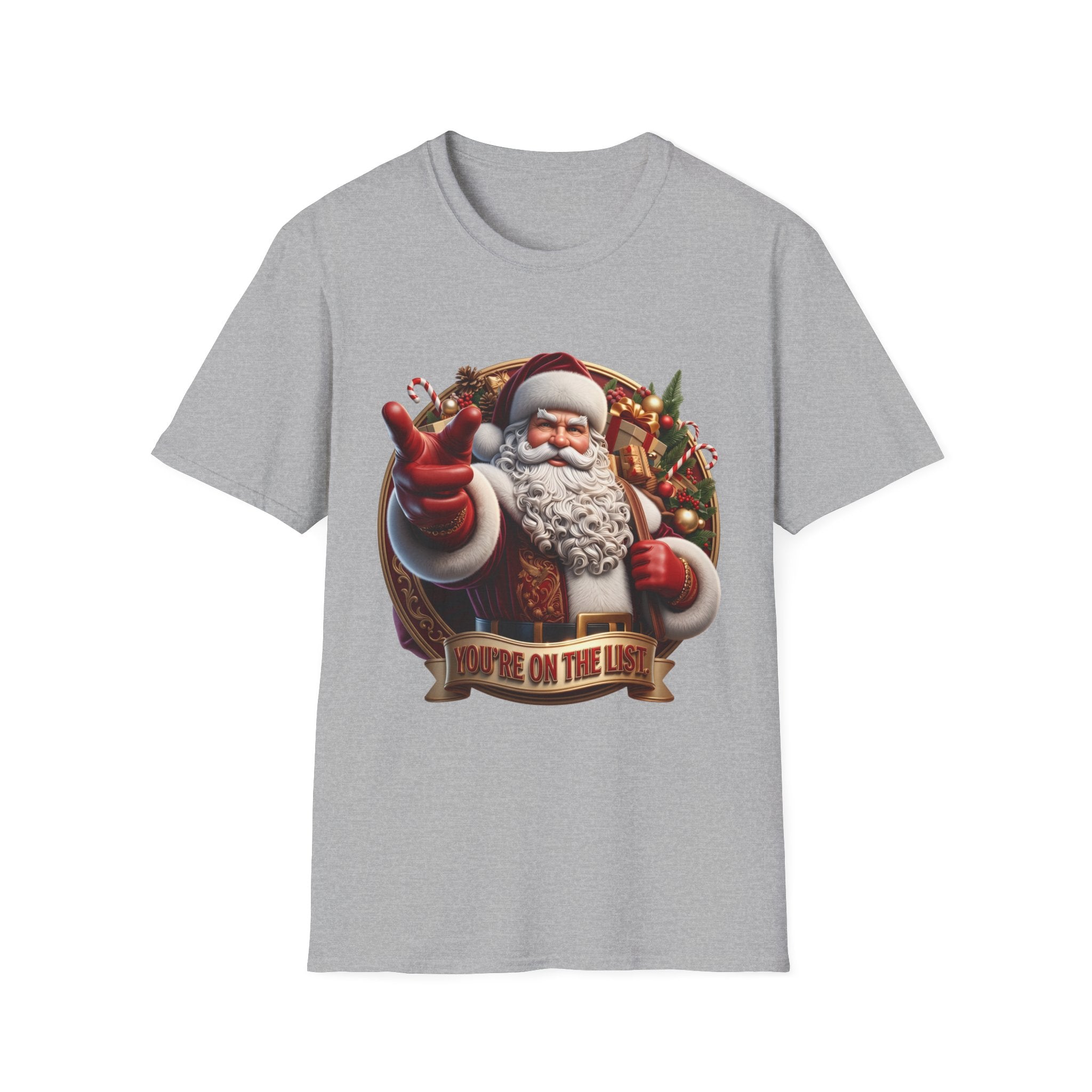 Santa You're On The List Pointing print on the front of a Sport Grey t-shirt, laid flat on white