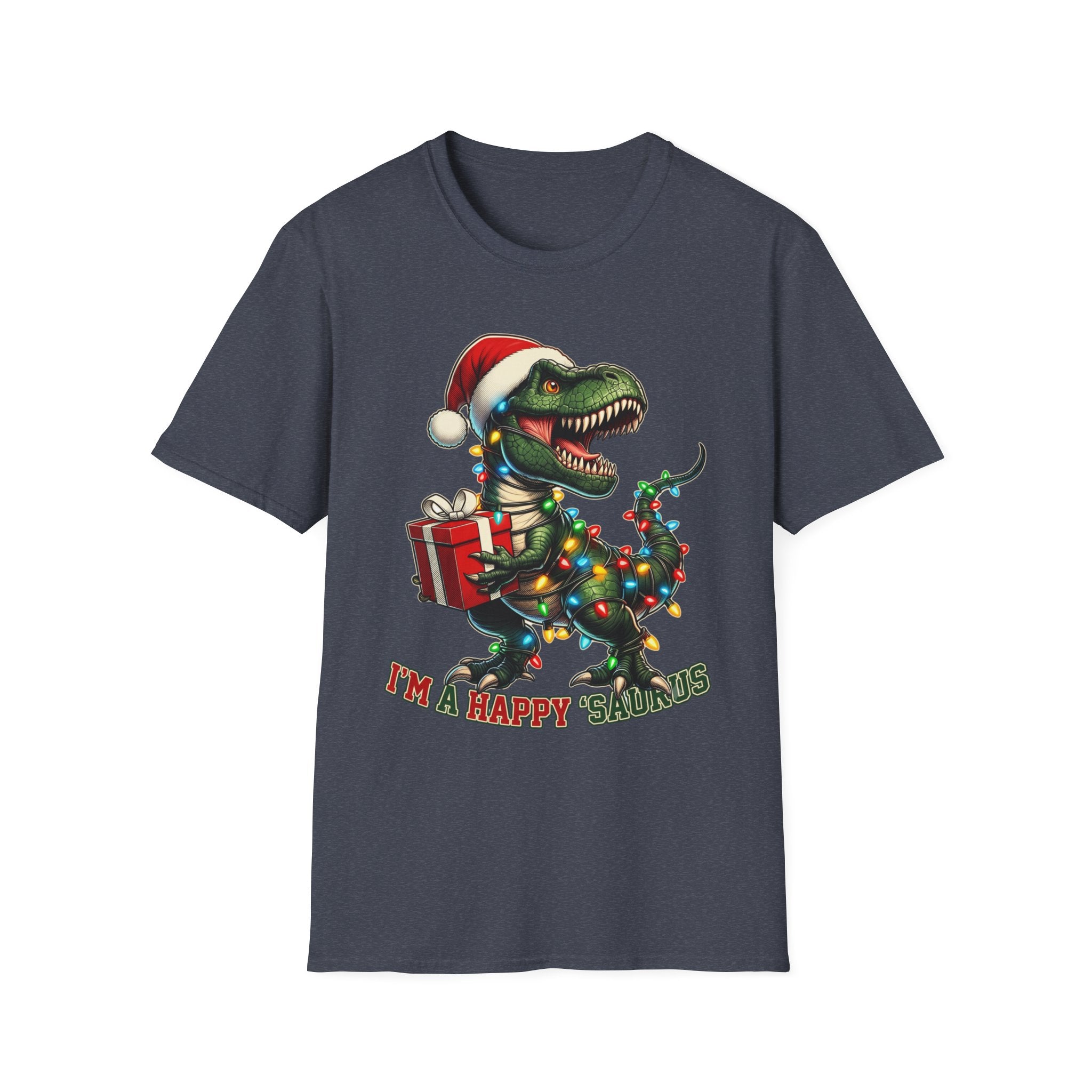 Happy Saurus T-Rex Santa Hat Christmas Lights print on the front of a Heather Navy t-shirt, laid flat on white
