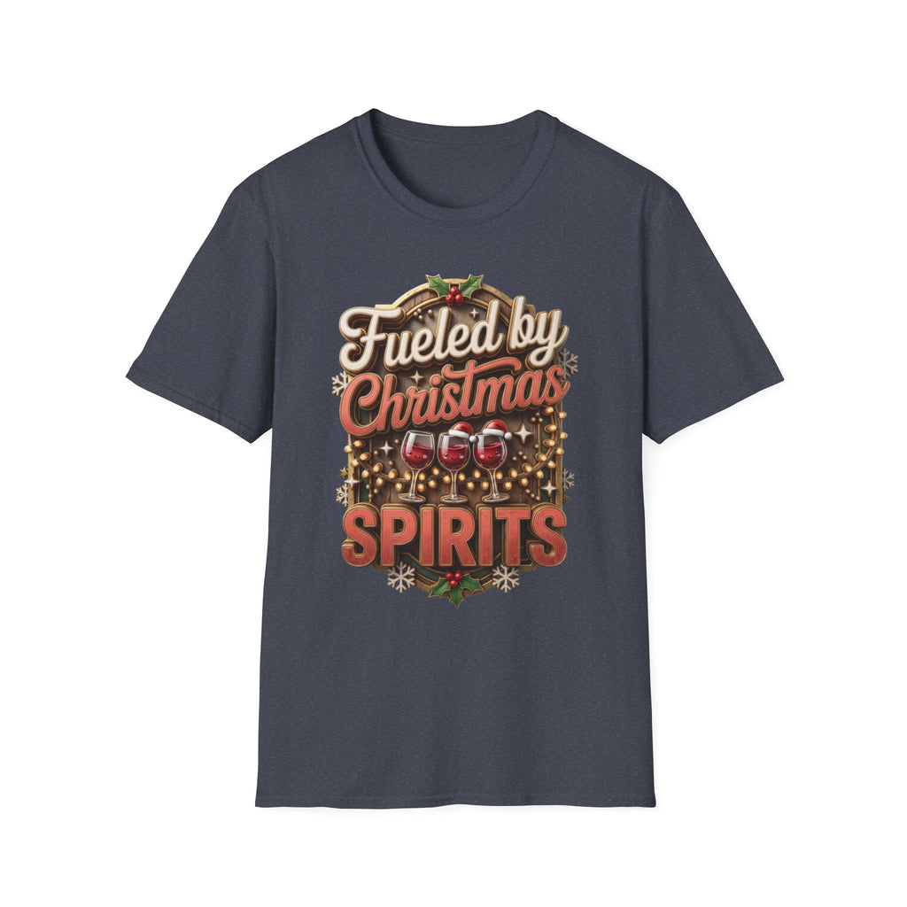 Fueled by Christmas Spirits Wine print on the front of a Heather Navy t-shirt, laid flat on white