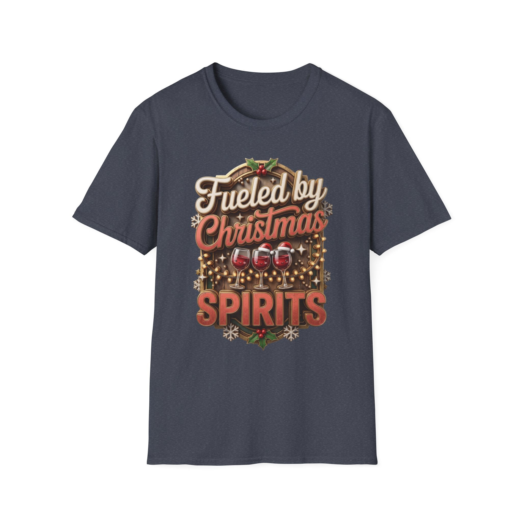 Fueled by Christmas Spirits Wine print on the front of a Heather Navy t-shirt, laid flat on white