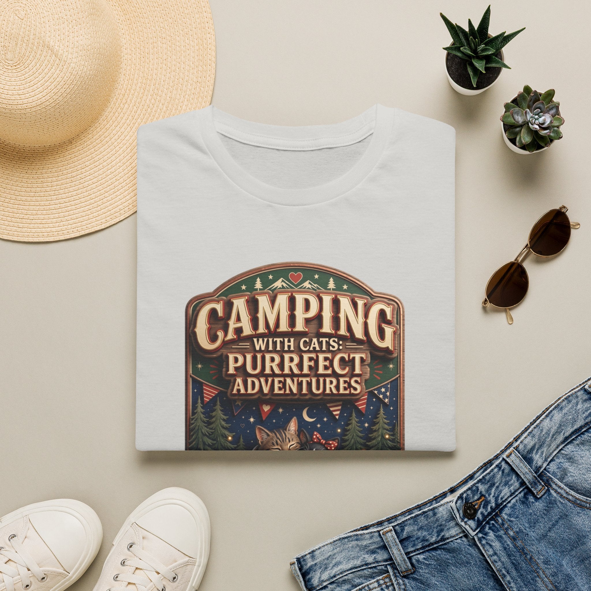 Camping With Cats Purrfect Adventures print on an Ice Grey t-shirt, folded beside a straw hat and jeans