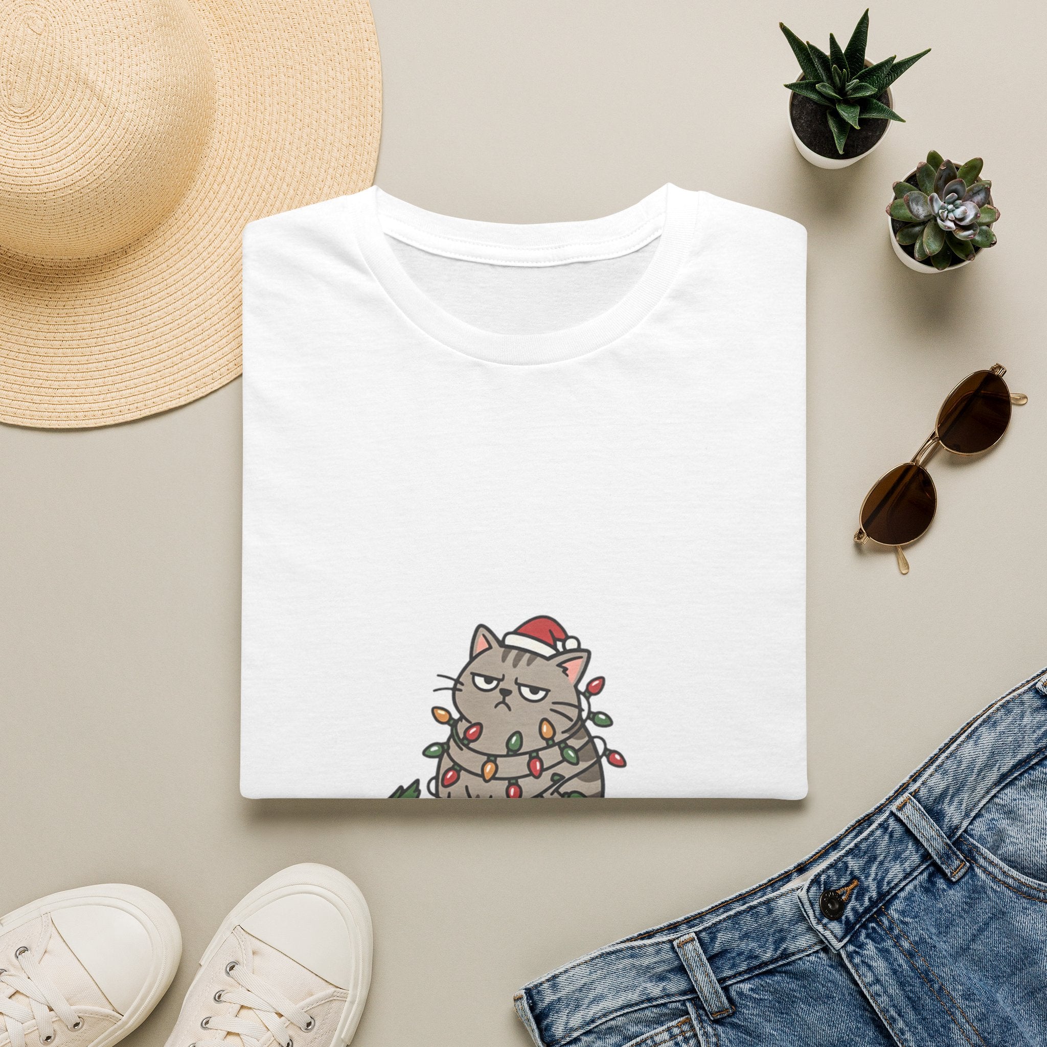 Funny Cat I'm Only Here for the Presents print on a White t-shirt, folded beside a straw hat and jeans