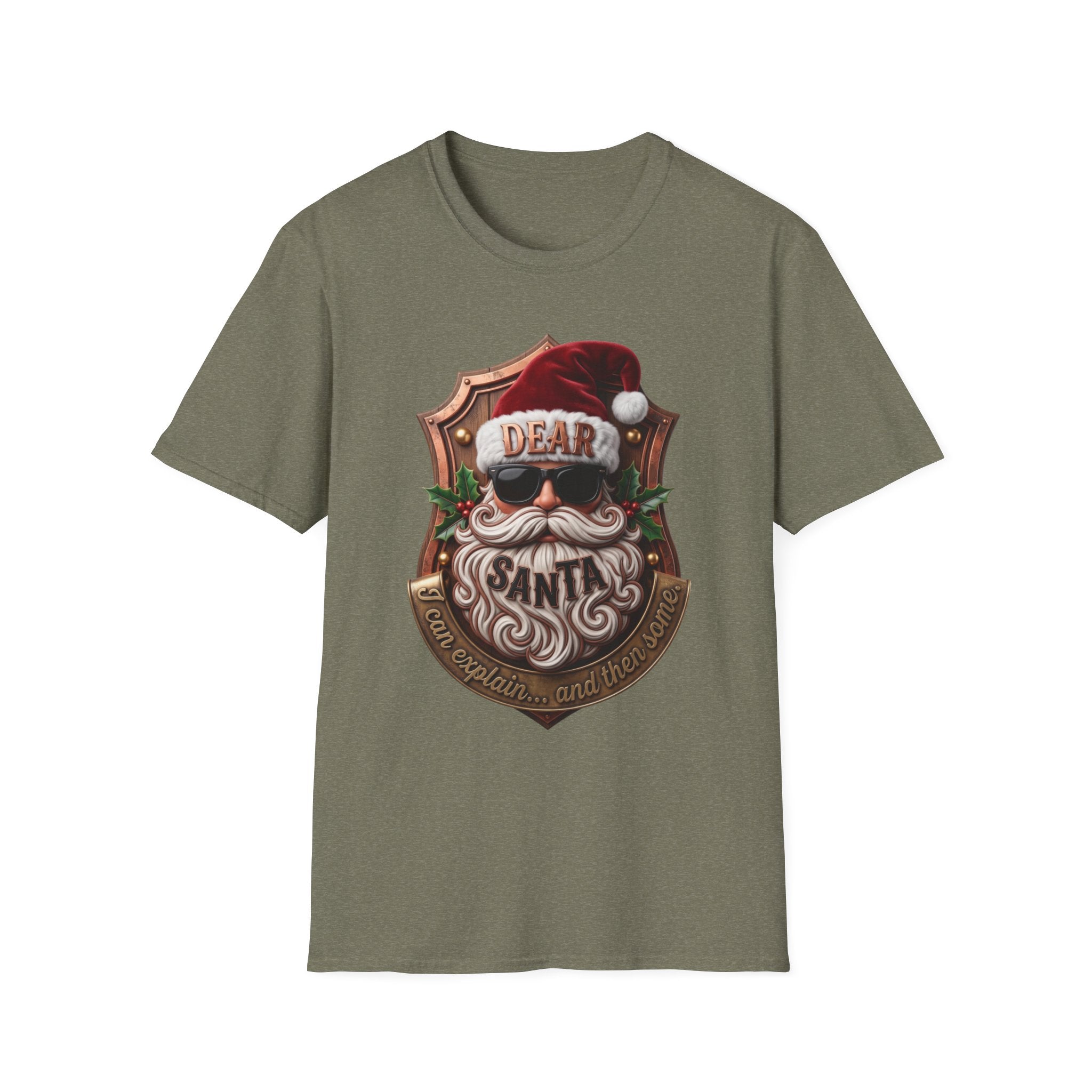 Dear Santa I Can Explain Sunglasses Crest print on the front of a Heather Military Green t-shirt, laid flat on white