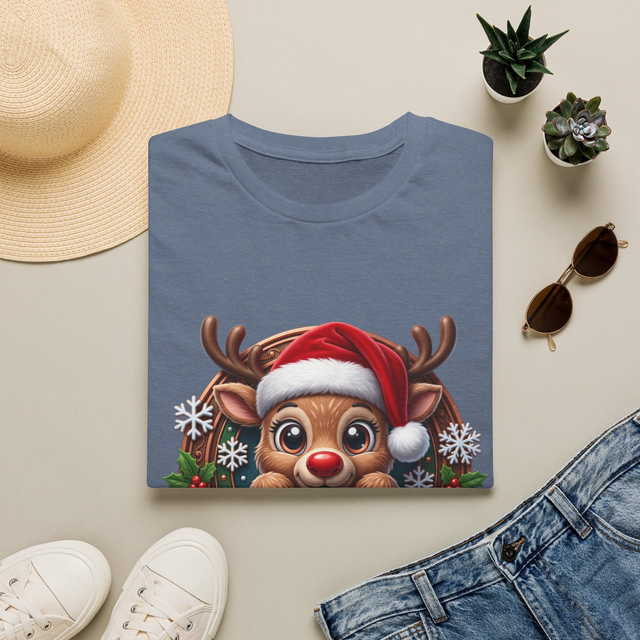 Cute Red-Nosed Reindeer print on a Heather Indigo t-shirt, folded beside a straw hat and jeans