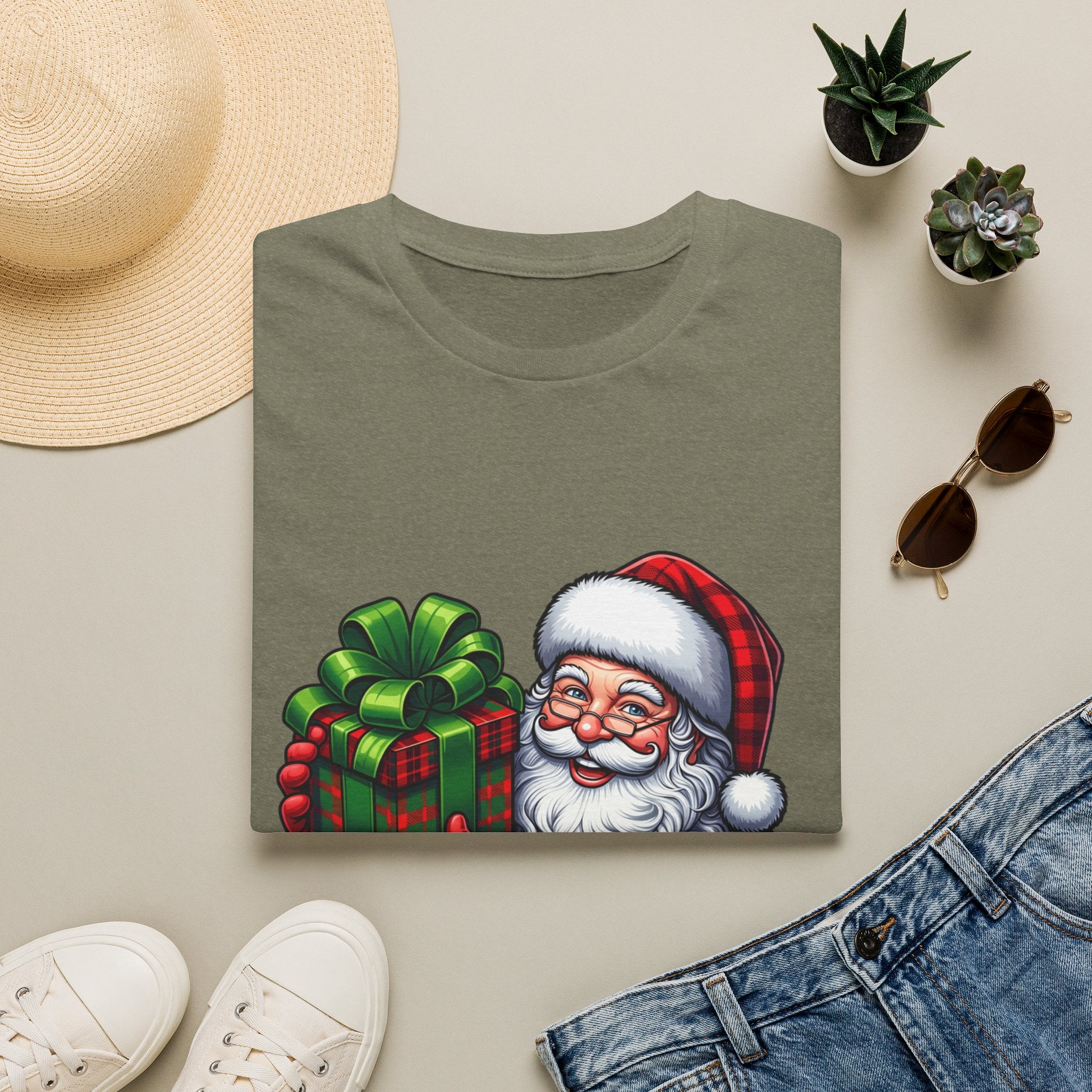 Santa Have a Plaid-astic print on a Heather Military Green t-shirt, folded beside a straw hat and jeans