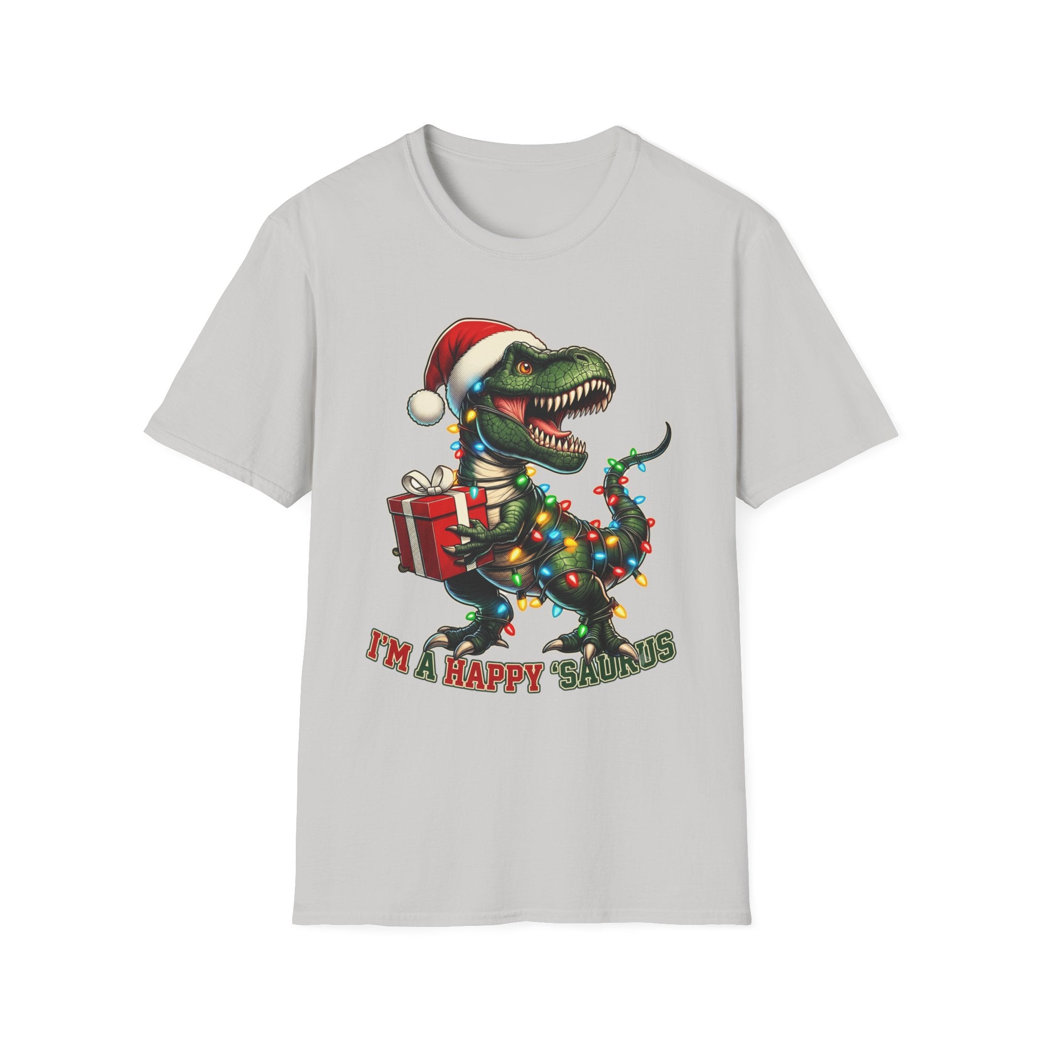 Happy Saurus T-Rex Santa Hat Christmas Lights print on the front of an Ice Grey t-shirt, laid flat on white