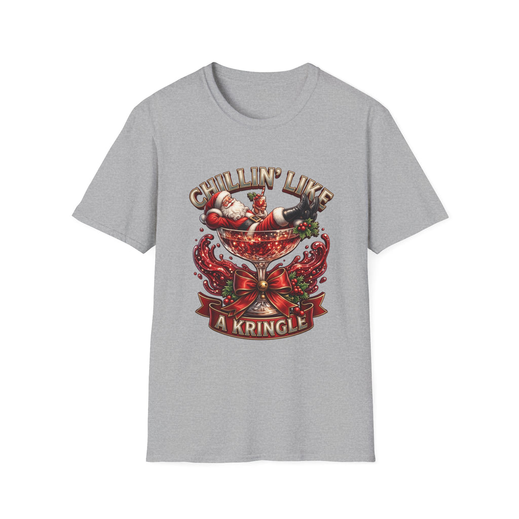 Chillin' Like a Kringle Santa print on the front of a Sport Grey t-shirt, laid flat on white