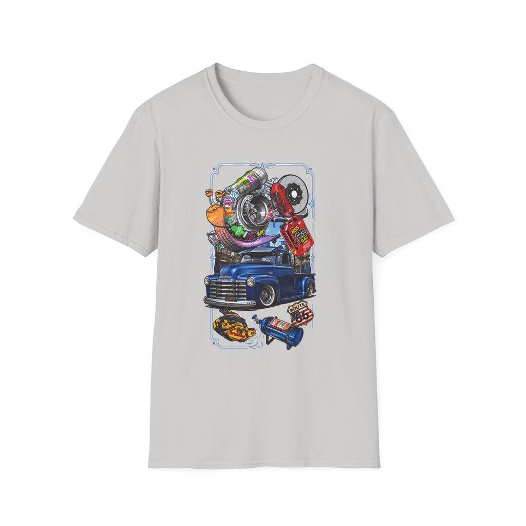 Turbocharged Snail Gearhead Car Parts print on the front of an Ice Grey t-shirt, laid flat on white