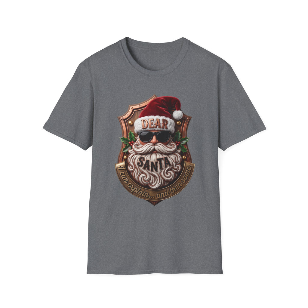 Dear Santa I Can Explain Sunglasses Crest print on the front of a Graphite Heather t-shirt, laid flat on white