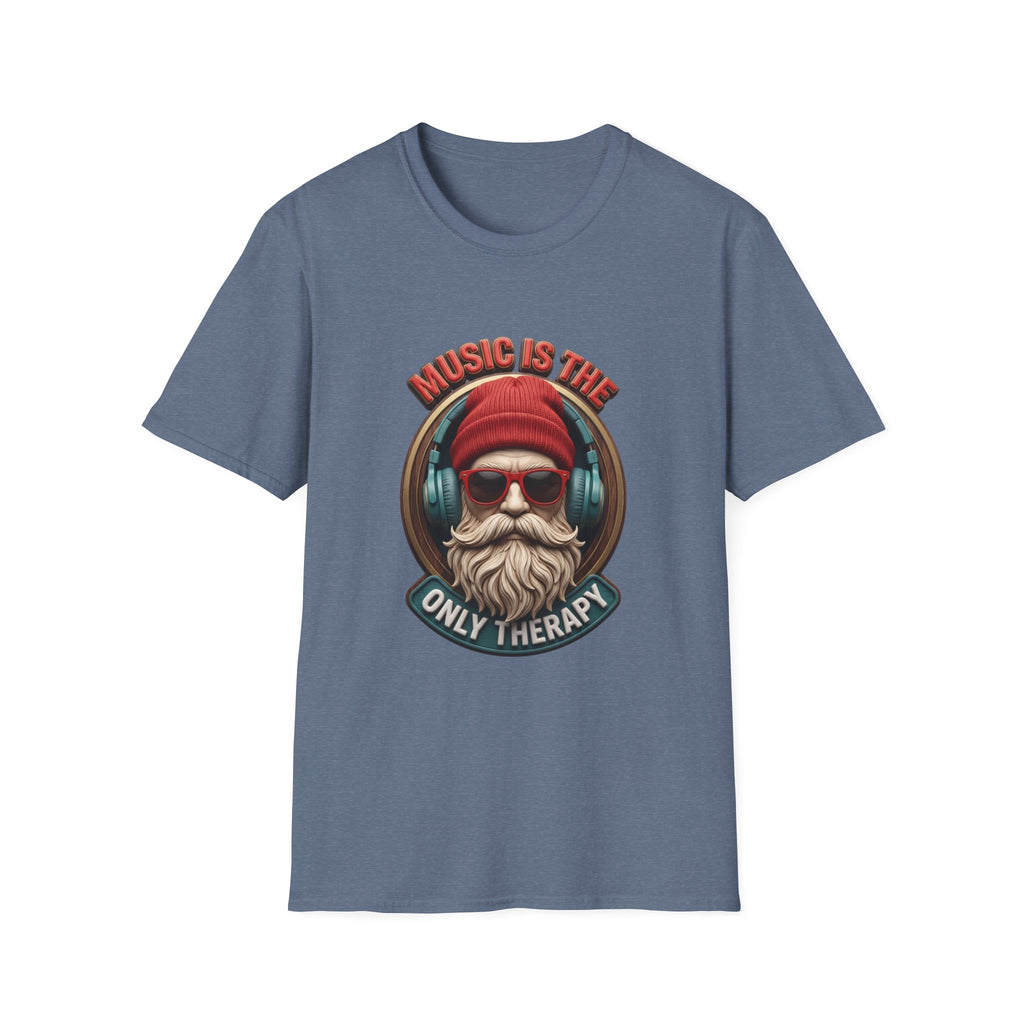 Music Is The Only Therapy Bearded Beanie print on the front of a Heather Indigo t-shirt, laid flat on white