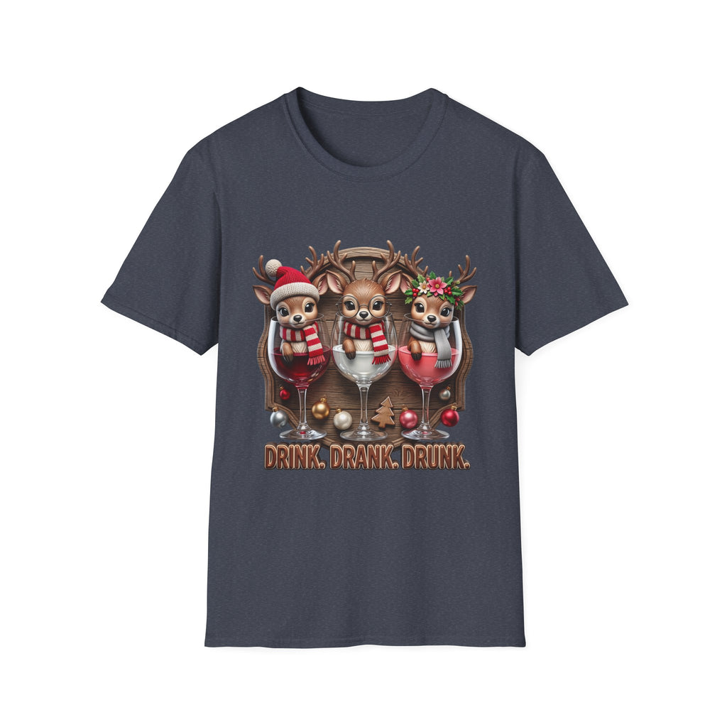 Drink Drank Drunk Reindeer Wine Trio print on the front of a Heather Navy t-shirt, laid flat on white