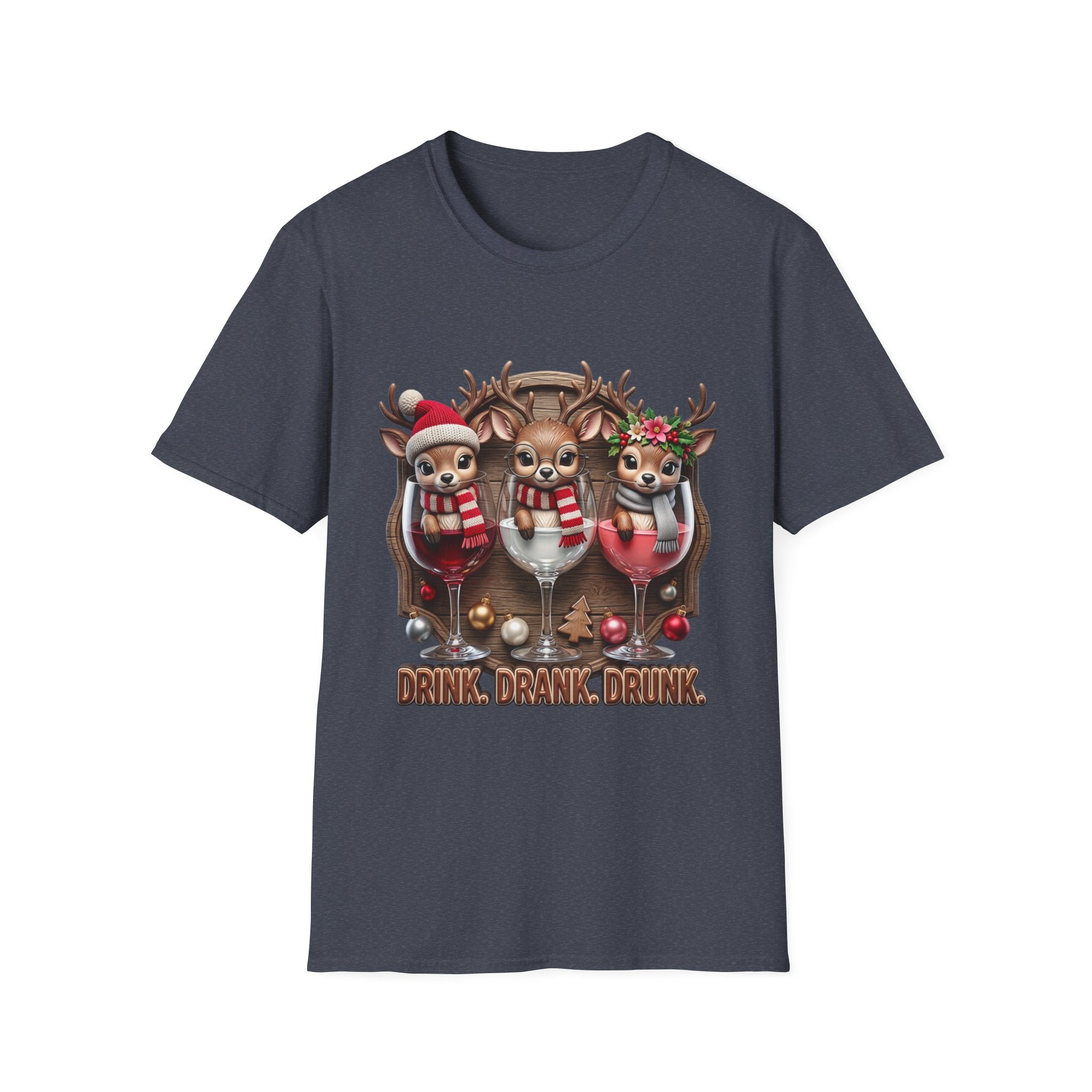 Drink Drank Drunk Reindeer Wine Trio print on the front of a Heather Navy t-shirt, laid flat on white