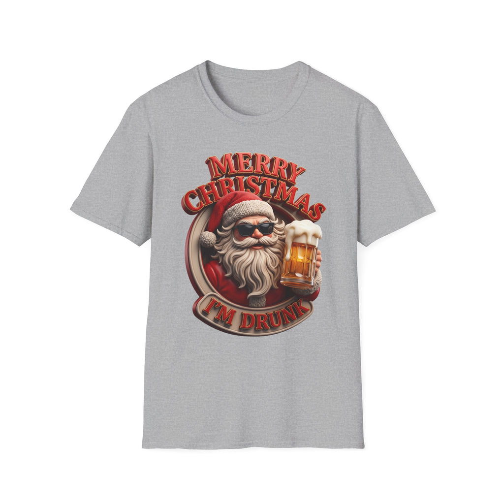 Merry Christmas I'm Drunk Santa print on the front of a Sport Grey t-shirt, laid flat on white