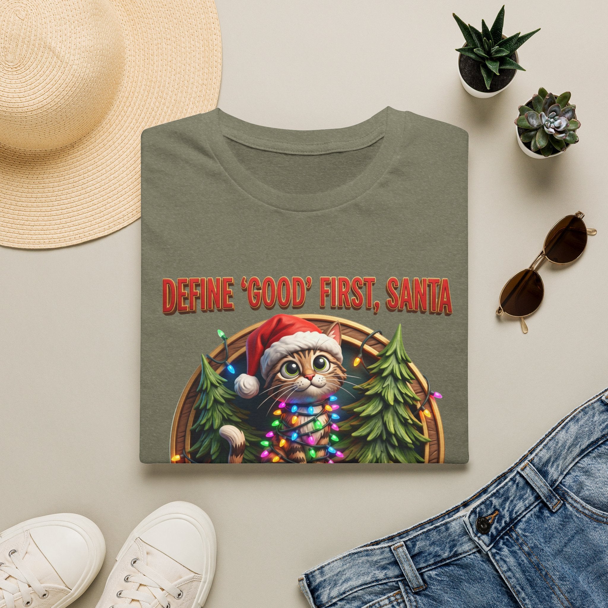 Define Good First Santa Funny Christmas Cat print on a Heather Military Green t-shirt, folded beside a straw hat and jeans