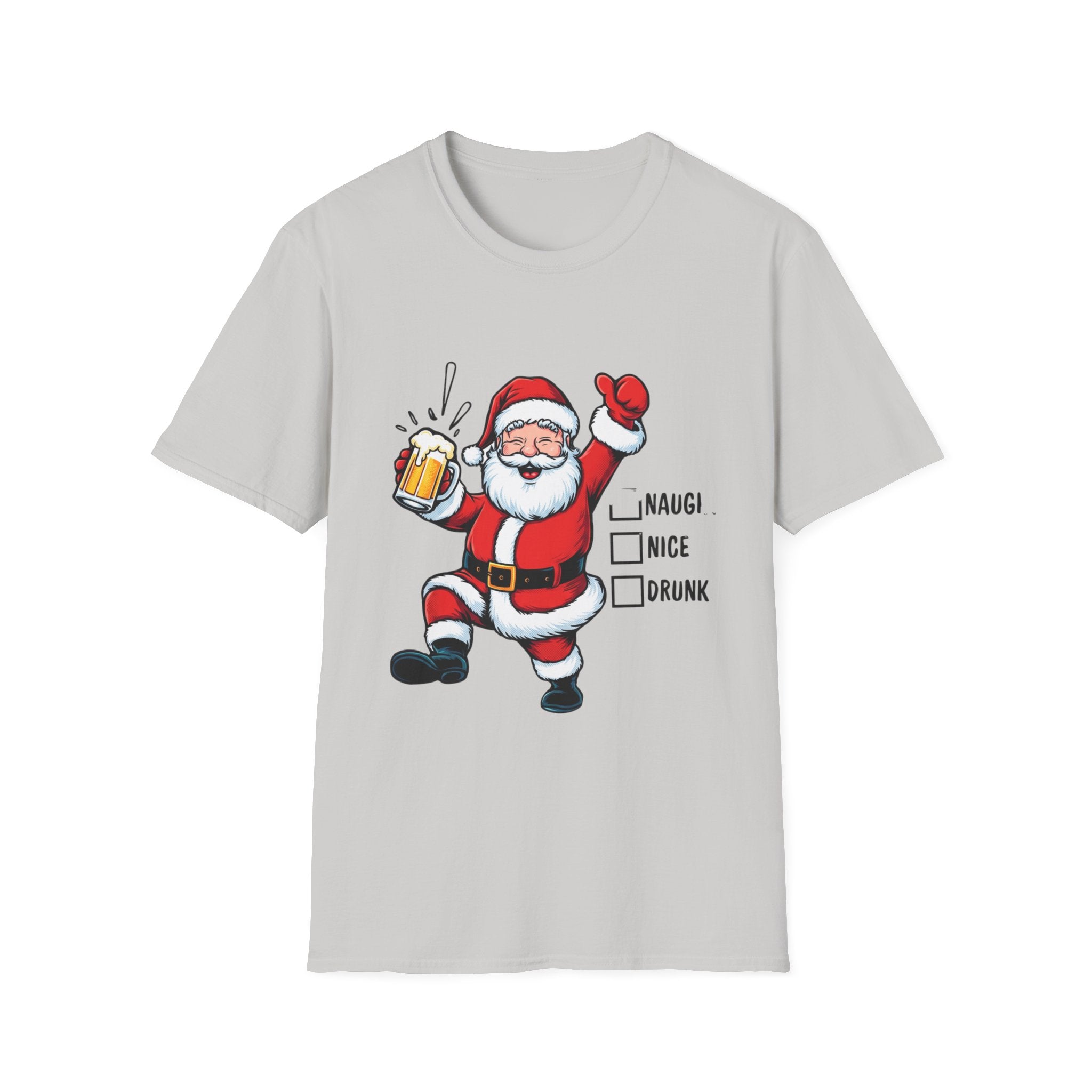 Naughty Nice Drunk Santa Beer Checklist print on the front of an Ice Grey t-shirt, laid flat on white