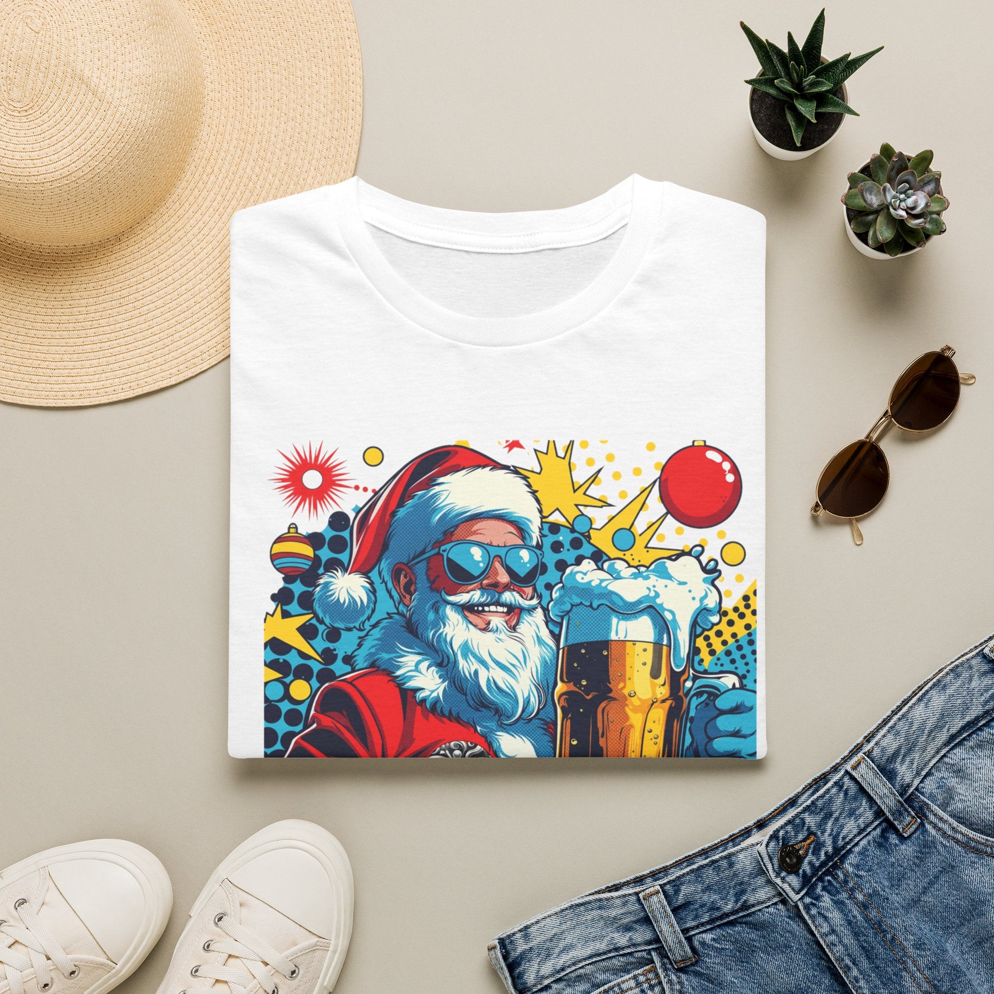 Naughty List Is My People Pop Art Santa Beer print on a White t-shirt, folded beside a straw hat and jeans