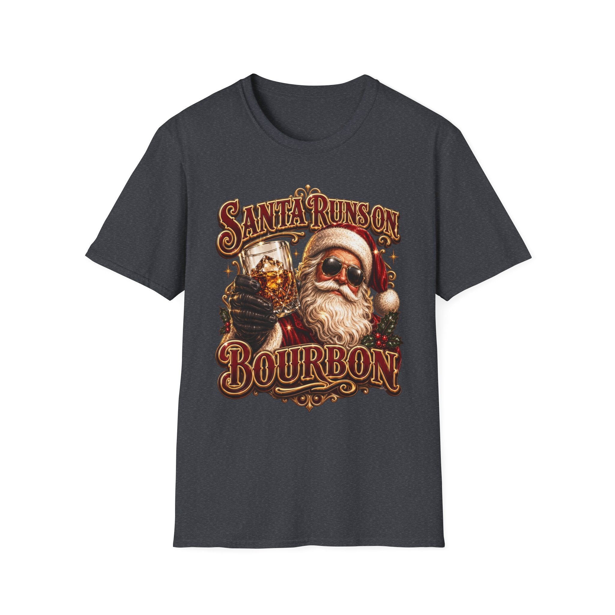 Santa Runs on Bourbon Vintage Whiskey print on the front of a Dark Heather Grey t-shirt, laid flat on white