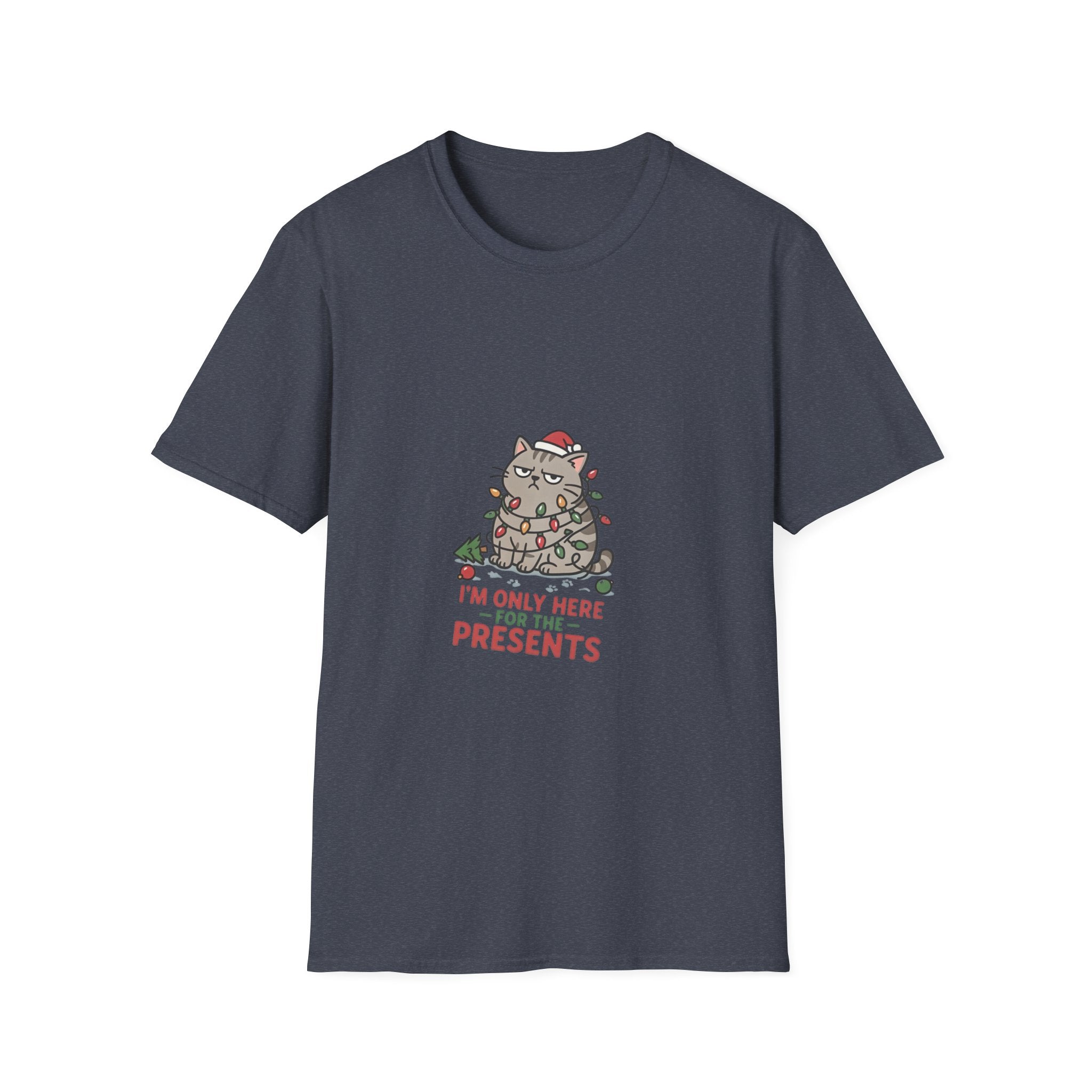 Funny Cat I'm Only Here for the Presents print on the front of a Heather Navy t-shirt, laid flat on white