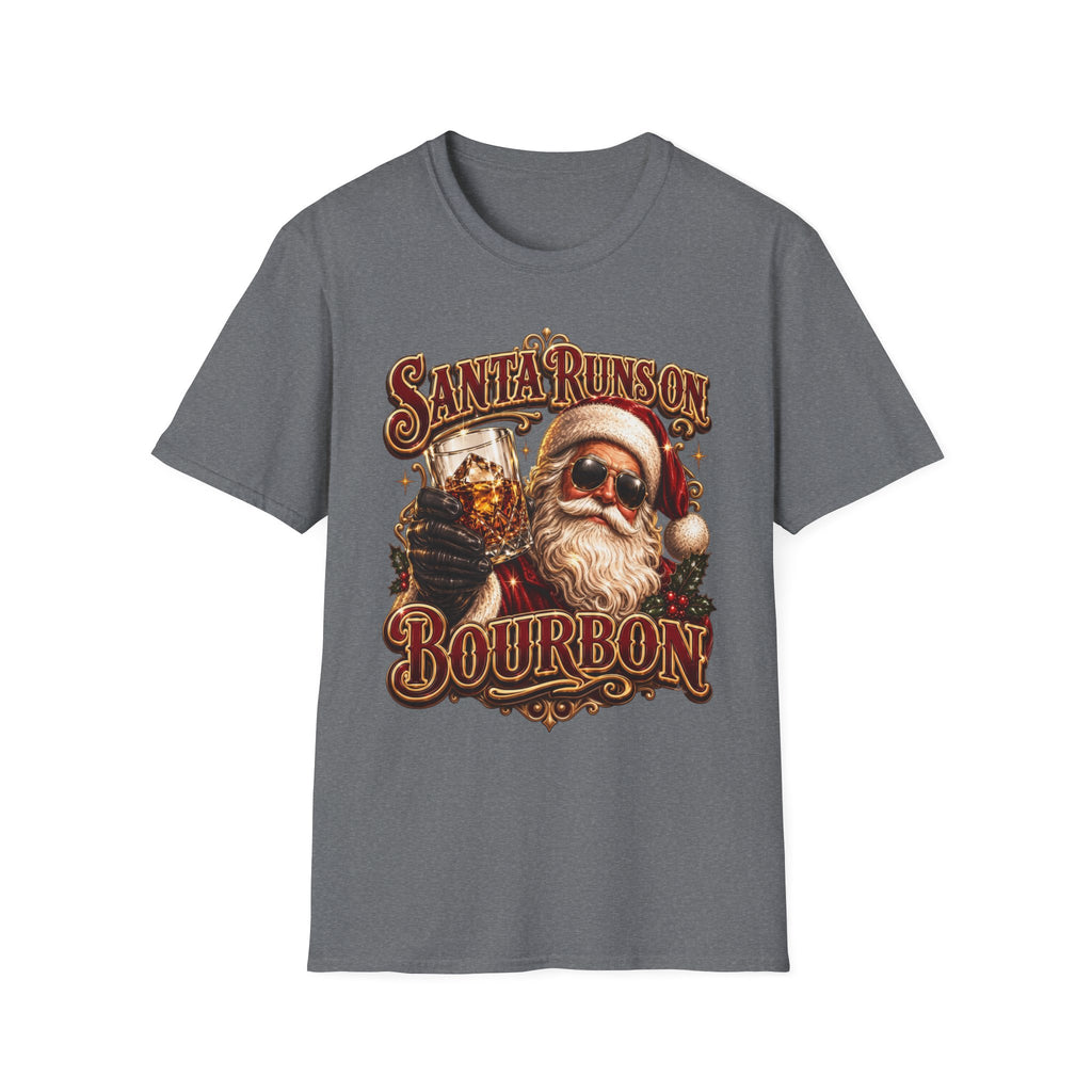 Santa Runs on Bourbon Vintage Whiskey print on the front of a Graphite Heather t-shirt, laid flat on white