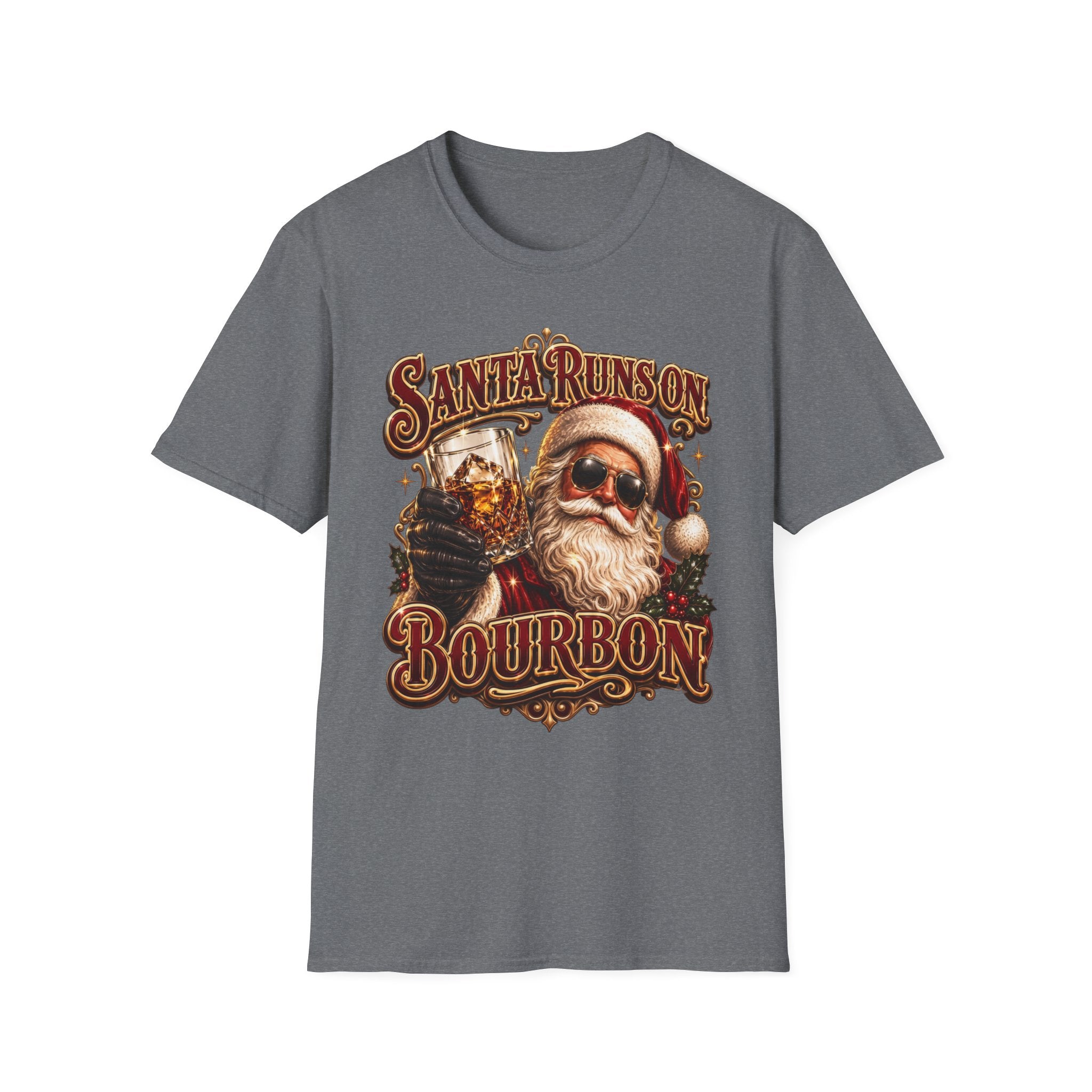 Santa Runs on Bourbon Vintage Whiskey print on the front of a Graphite Heather t-shirt, laid flat on white