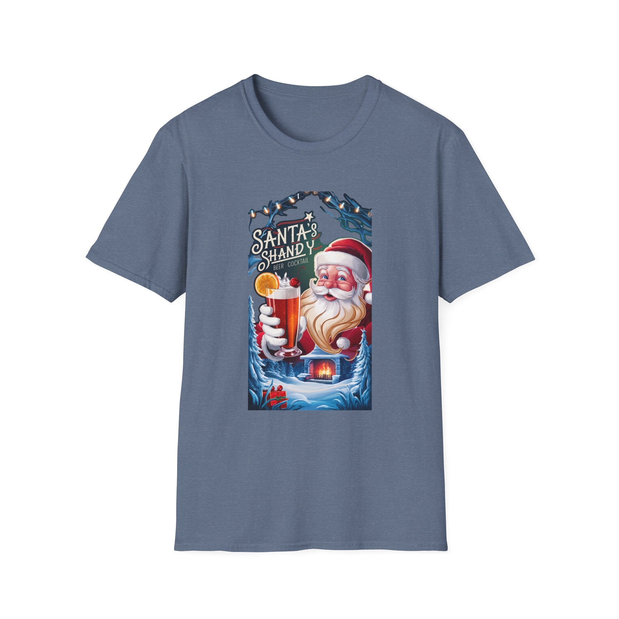 Santa's Shandy Beer Cocktail print on the front of a Heather Indigo t-shirt, laid flat on white