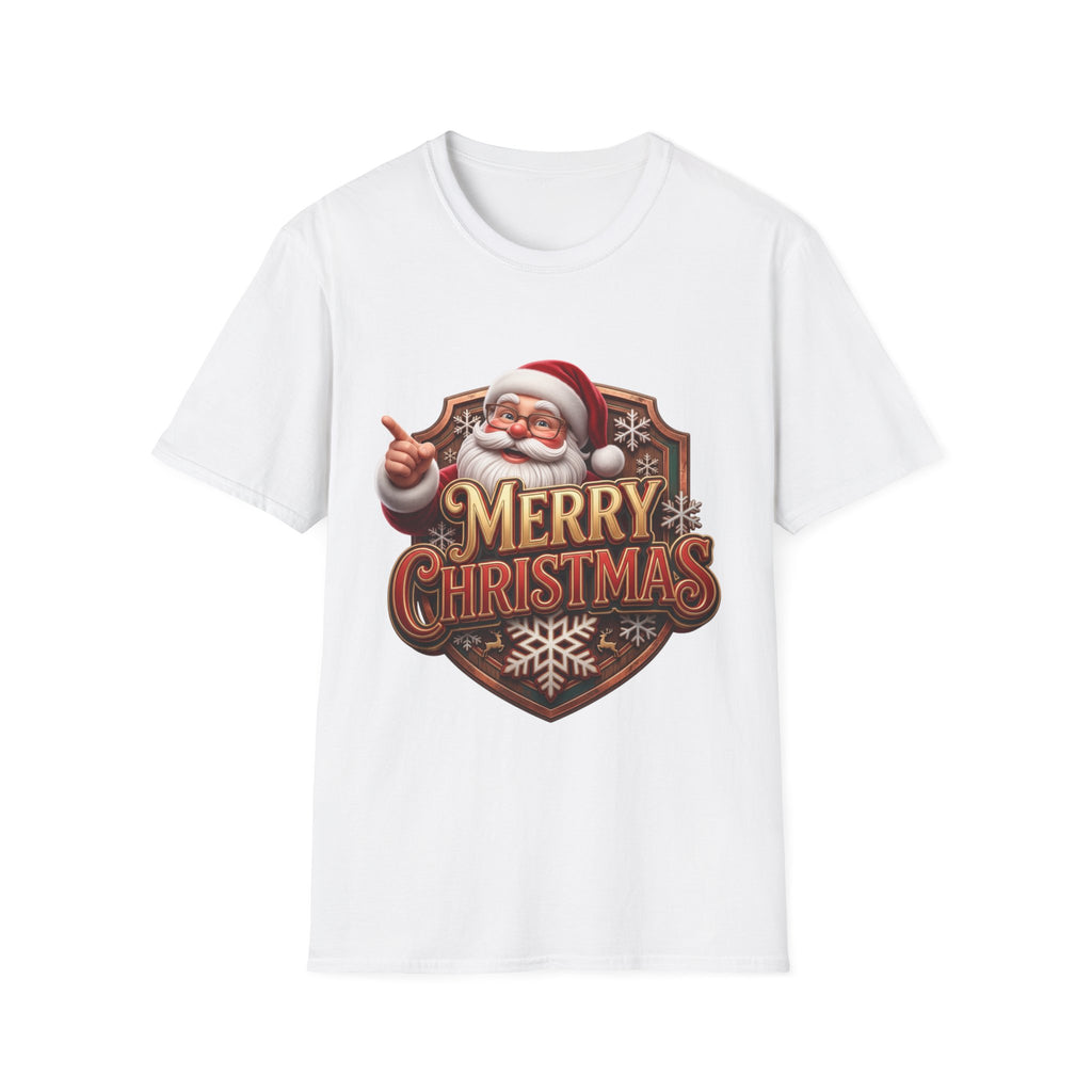 Vintage Santa Merry Christmas Badge print on the front of a White t-shirt, laid flat on white