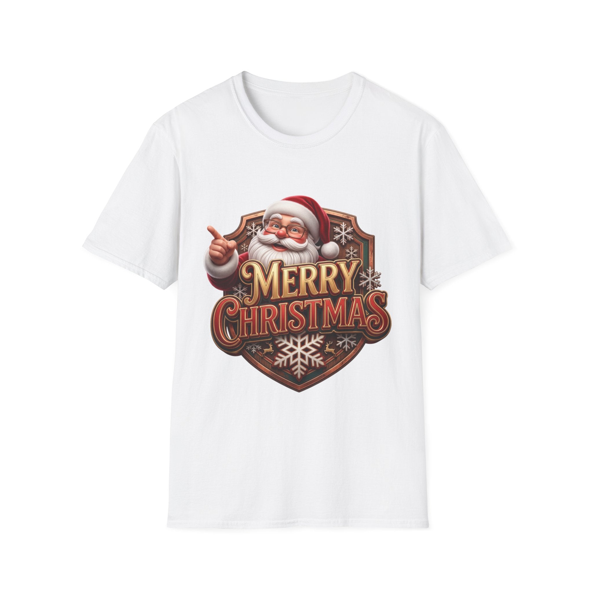 Vintage Santa Merry Christmas Badge print on the front of a White t-shirt, laid flat on white