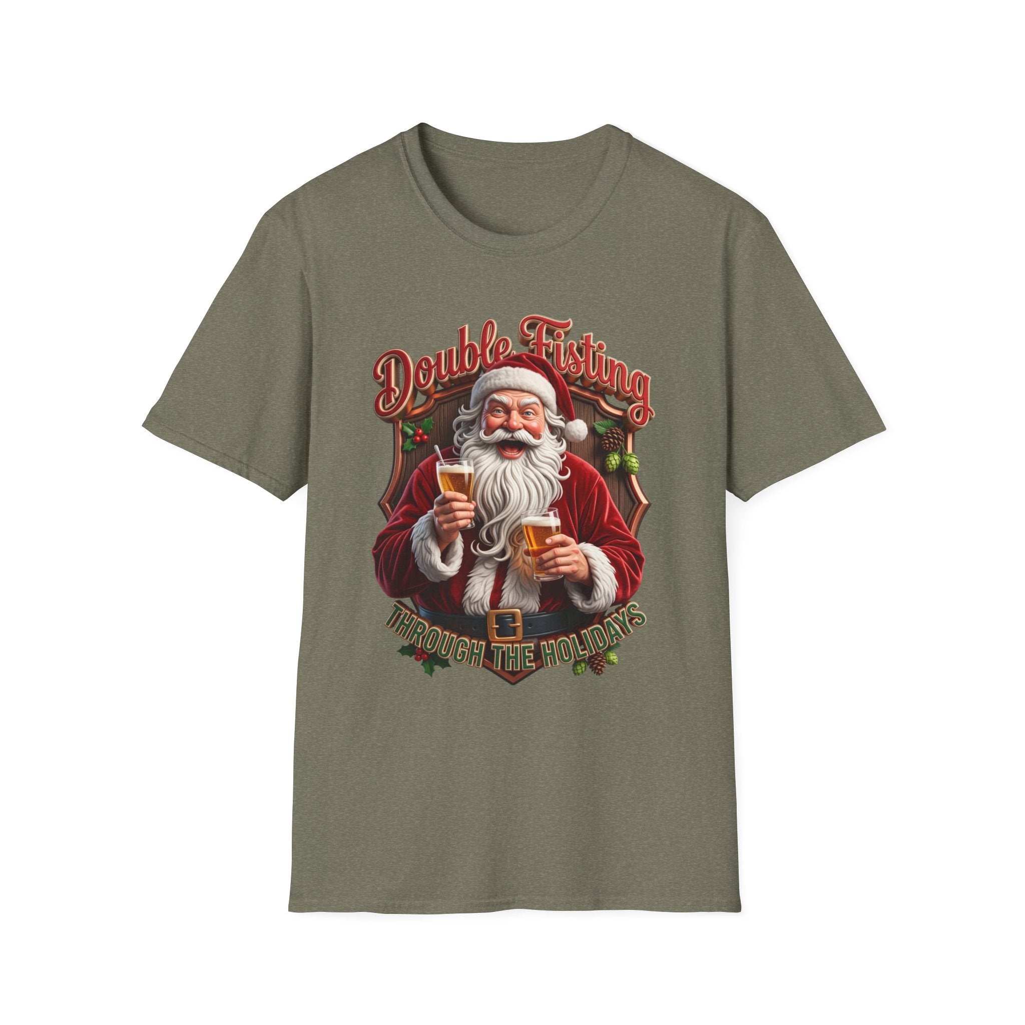 Santa Beer in Each Hand Funny print on the front of a Heather Military Green t-shirt, laid flat on white