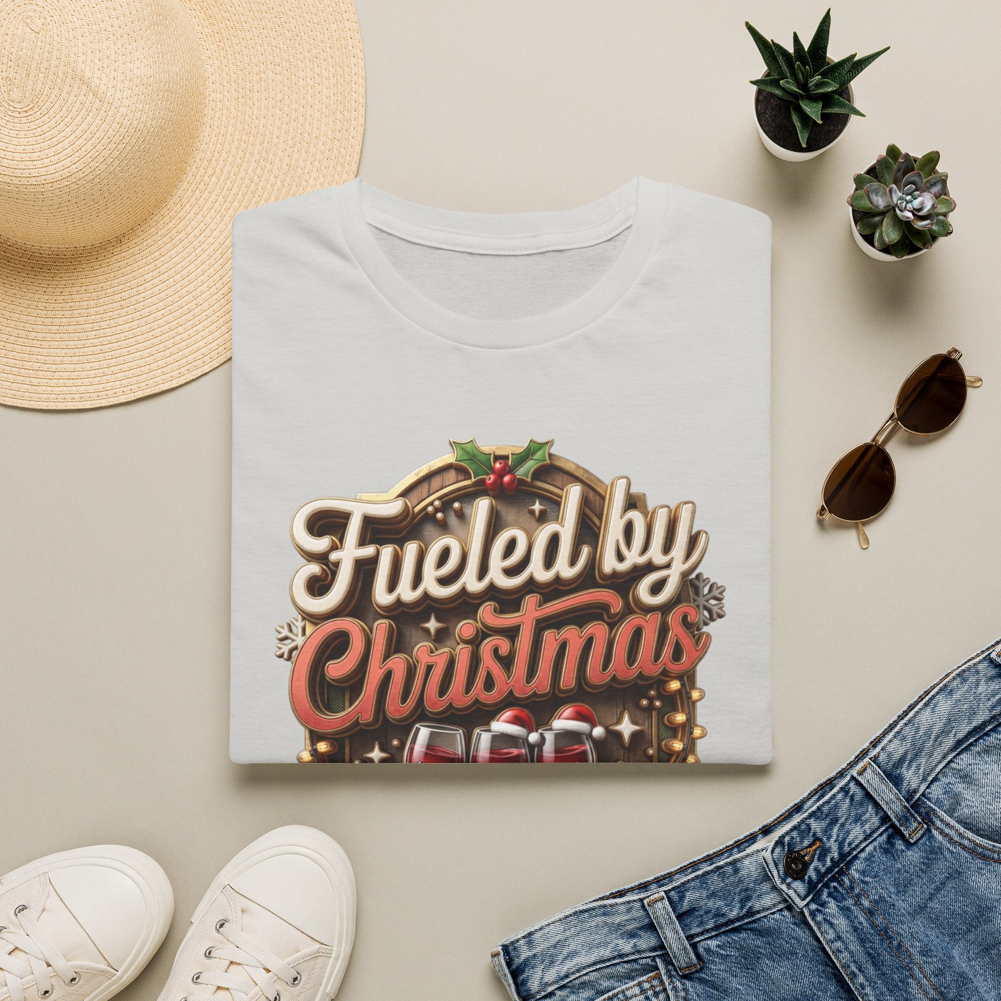 Fueled by Christmas Spirits Wine print on an Ice Grey t-shirt, folded beside a straw hat and jeans