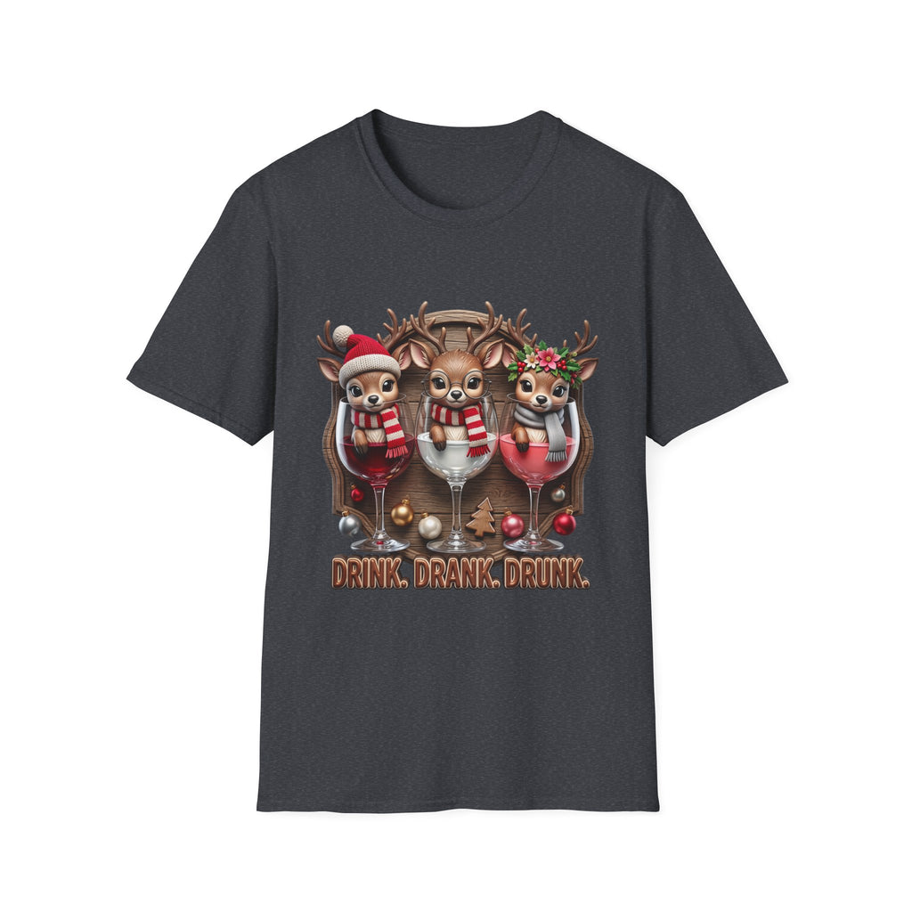 Drink Drank Drunk Reindeer Wine Trio print on the front of a Dark Heather Grey t-shirt, laid flat on white