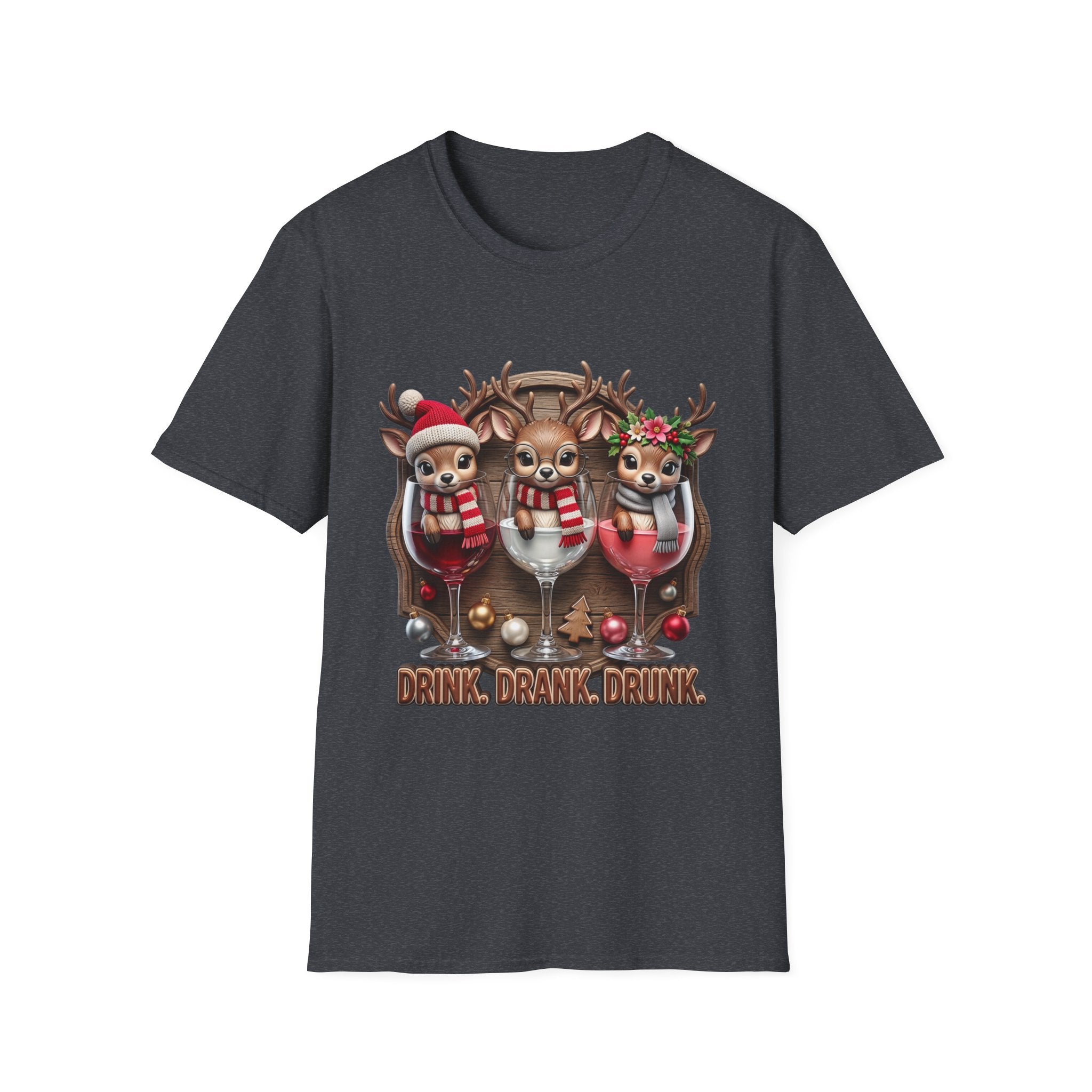 Drink Drank Drunk Reindeer Wine Trio print on the front of a Dark Heather Grey t-shirt, laid flat on white