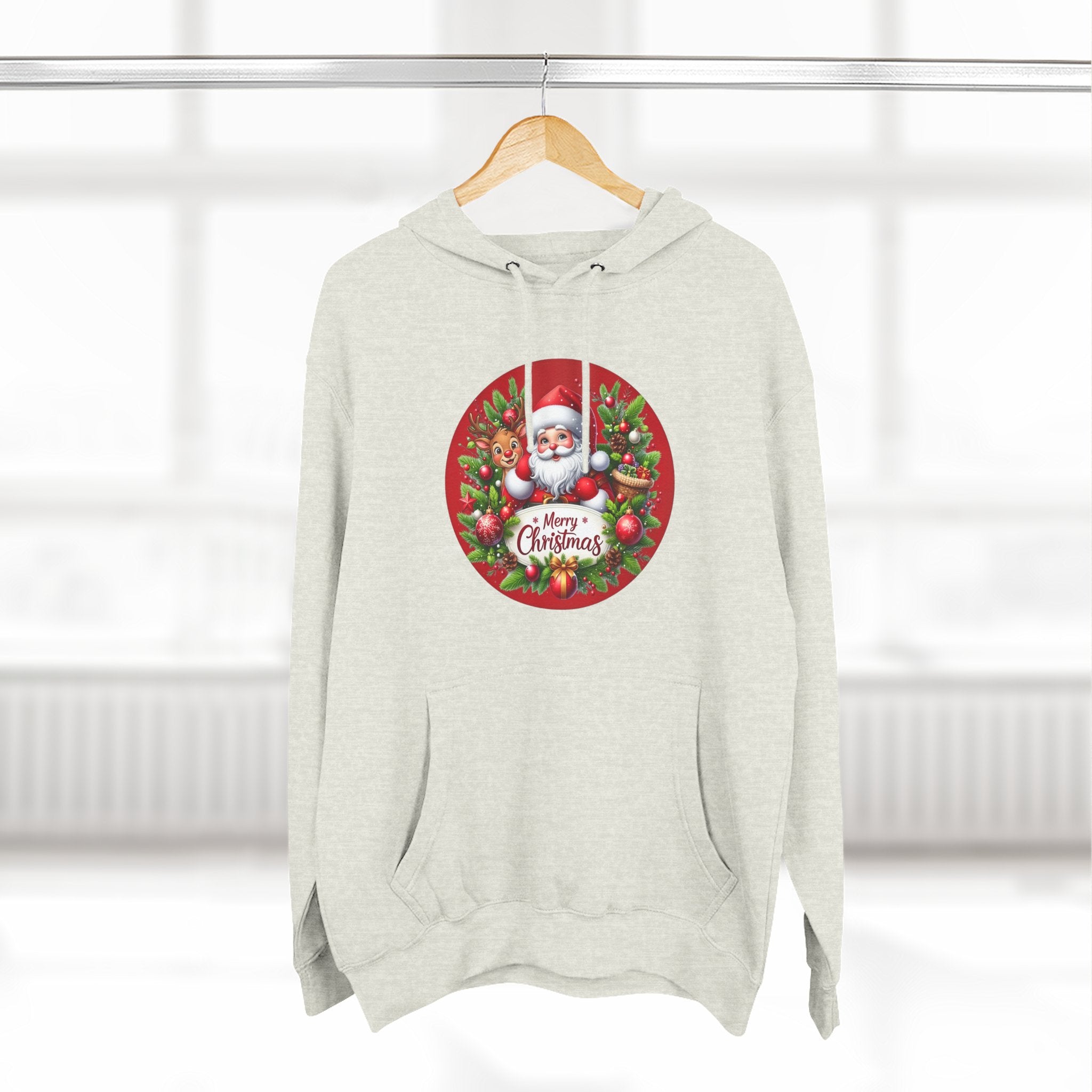 Santa & Reindeer Merry Christmas Wreath Hoodie