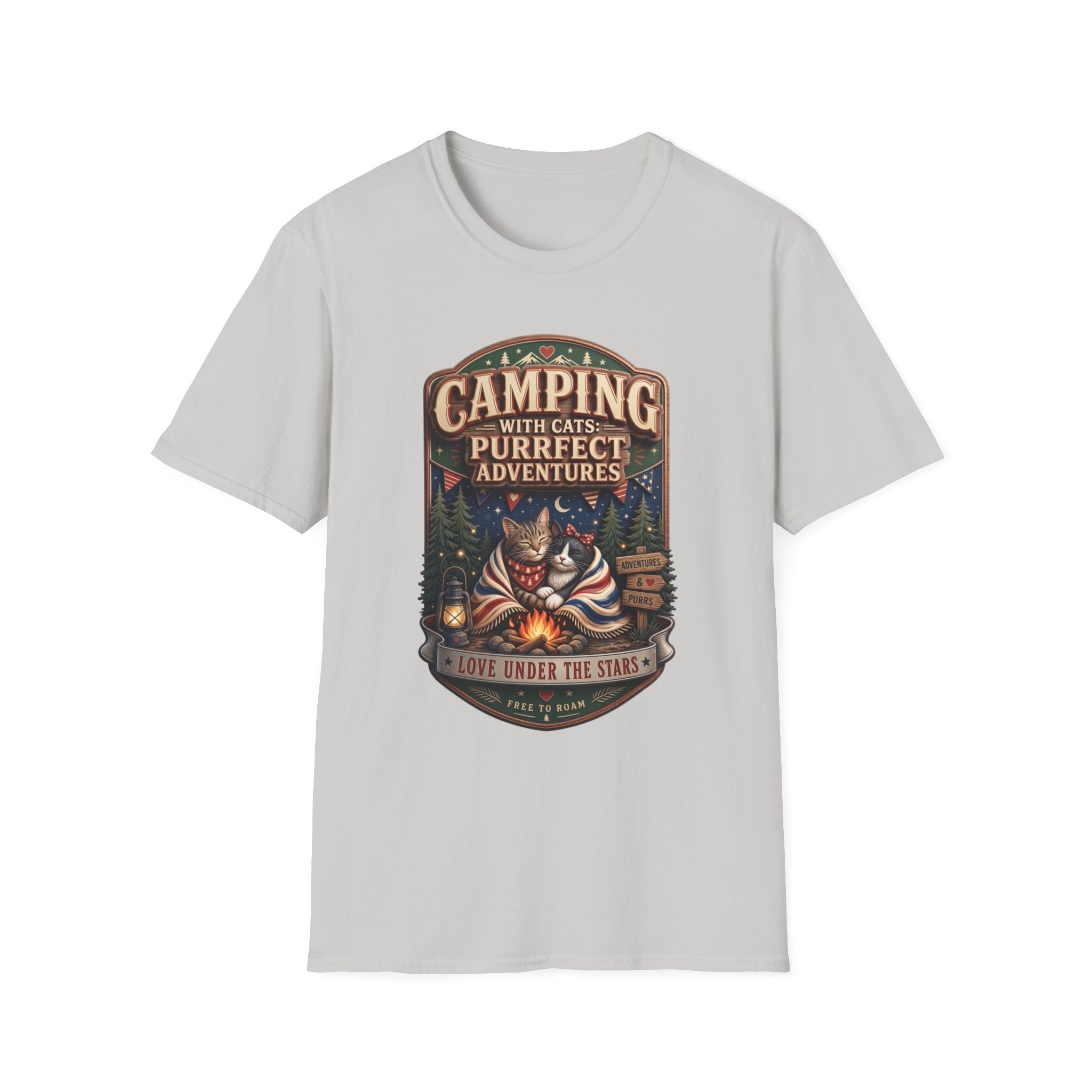 Camping With Cats Purrfect Adventures print on the front of an Ice Grey t-shirt, laid flat on white
