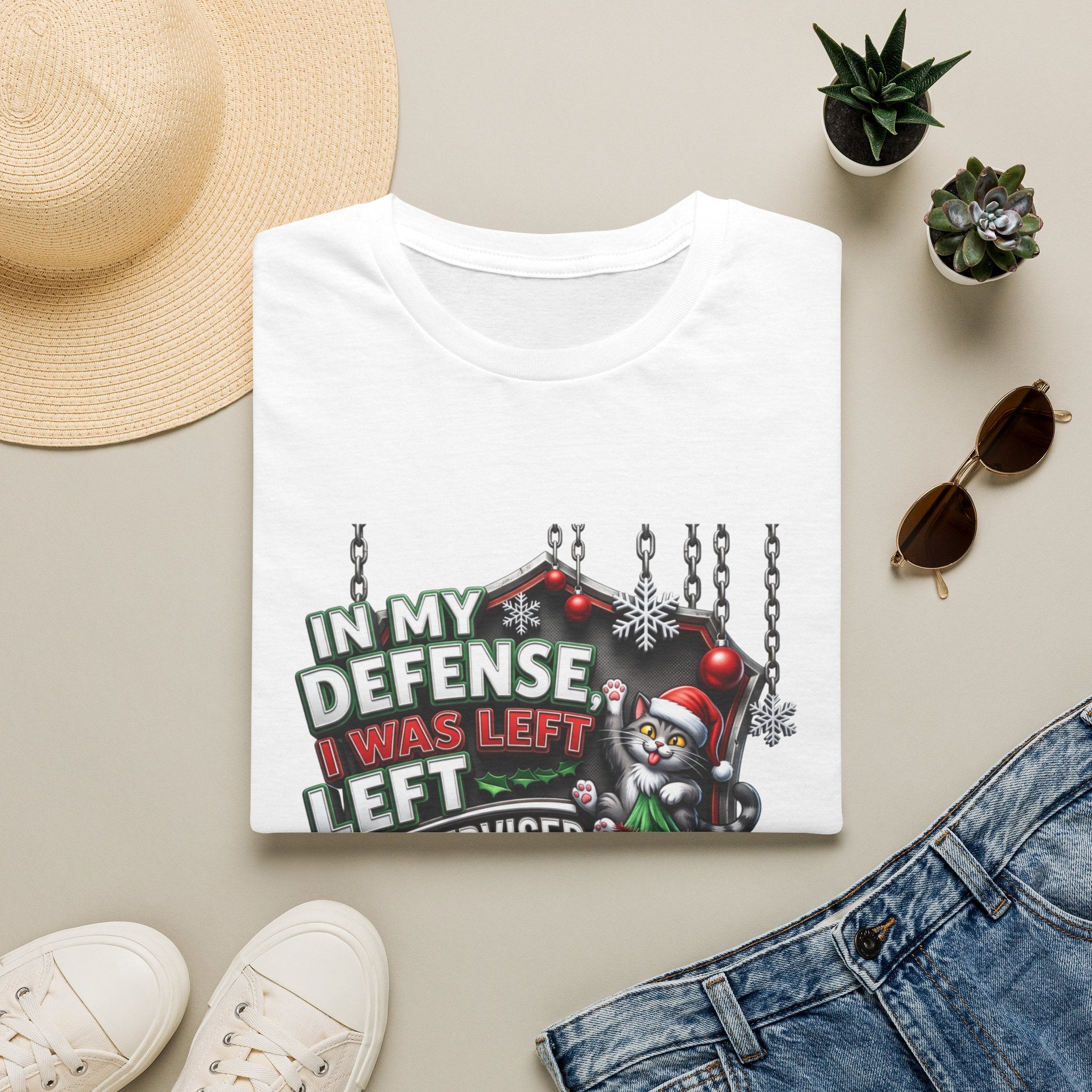 Cat In My Defense Left Unsupervised print on a White t-shirt, folded beside a straw hat and jeans