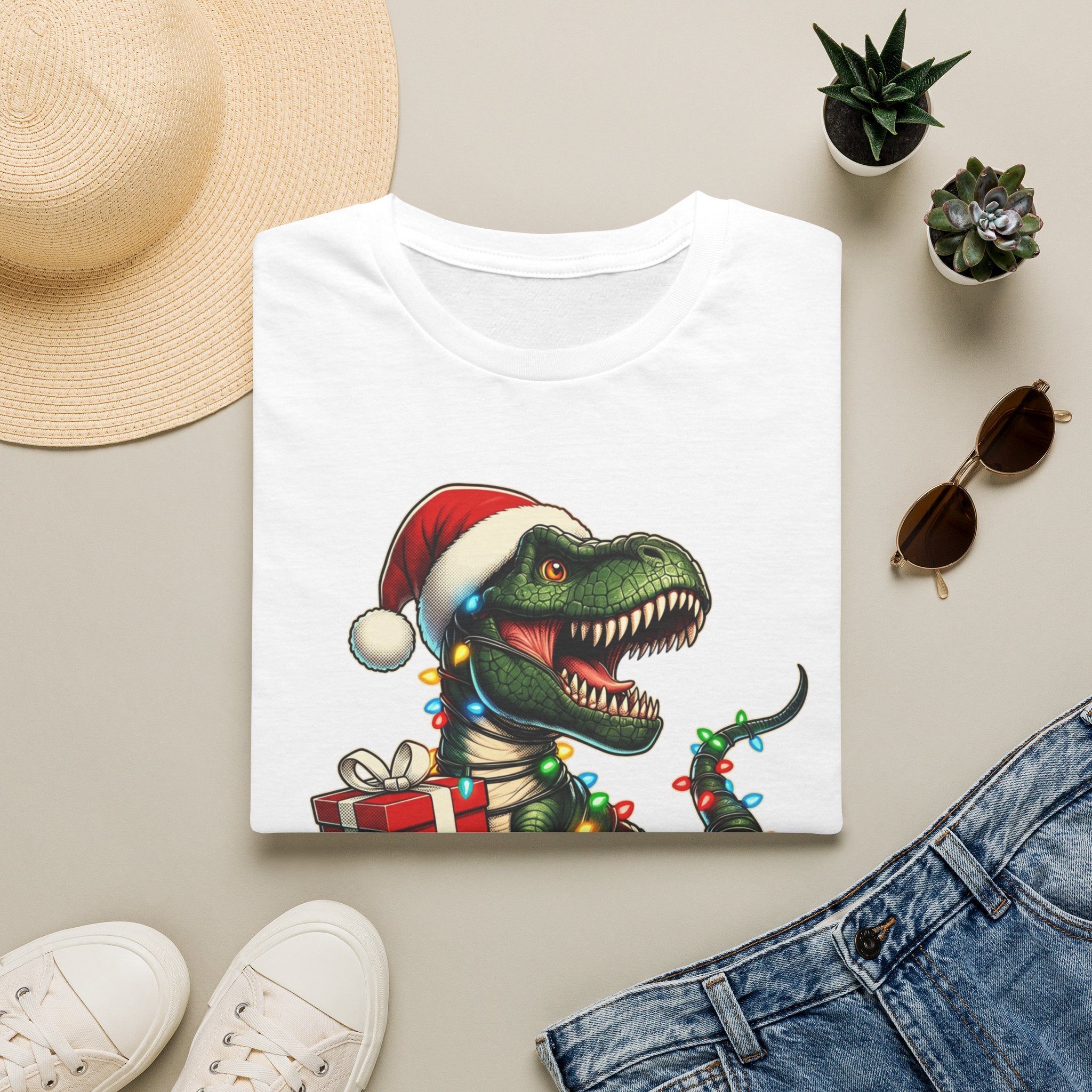 Happy Saurus T-Rex Santa Hat Christmas Lights print on a White t-shirt, folded beside a straw hat and jeans
