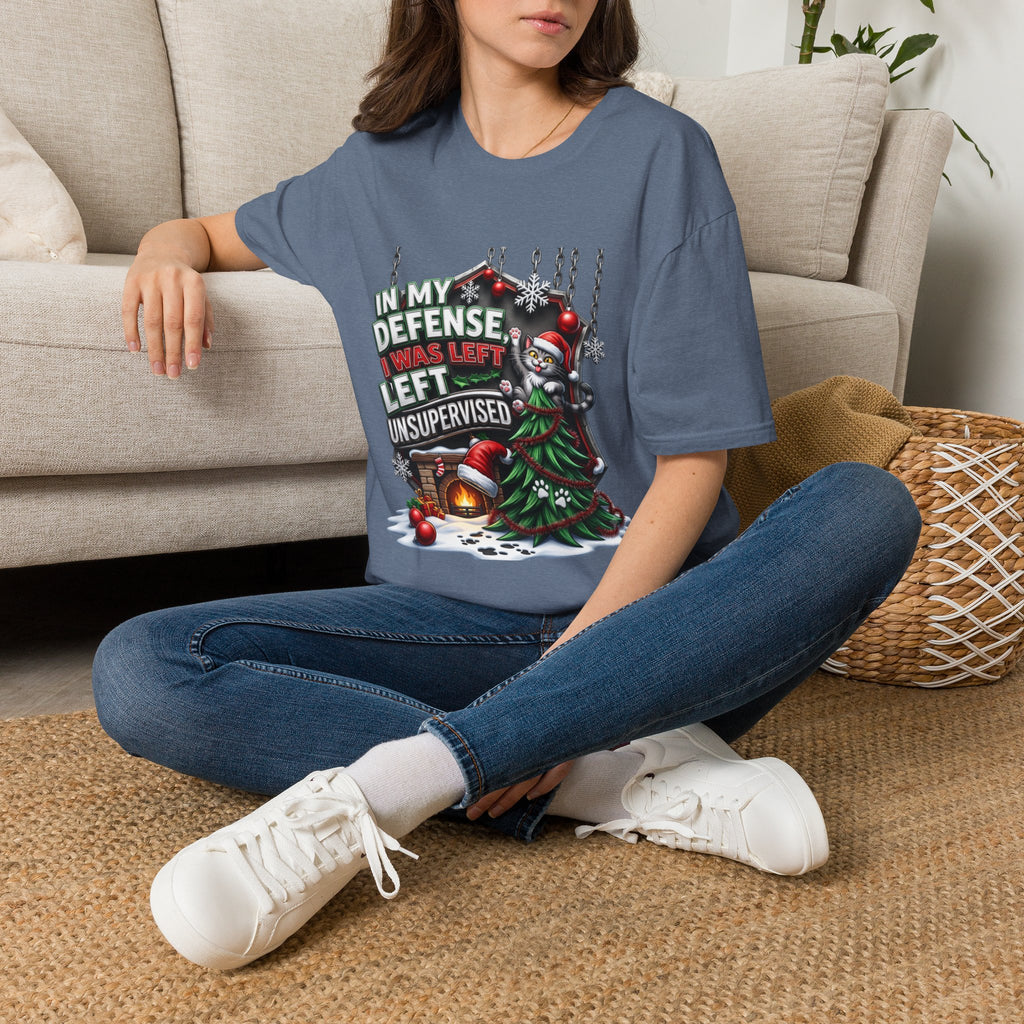 Cat In My Defense Left Unsupervised t-shirt in Heather Indigo, worn by a woman seated on a rug