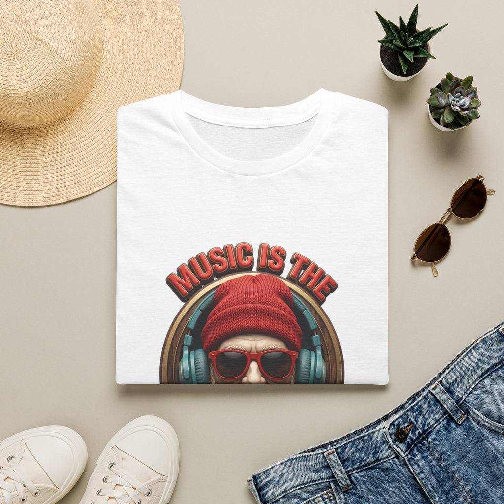 Music Is The Only Therapy Bearded Beanie print on a White t-shirt, folded beside a straw hat and jeans
