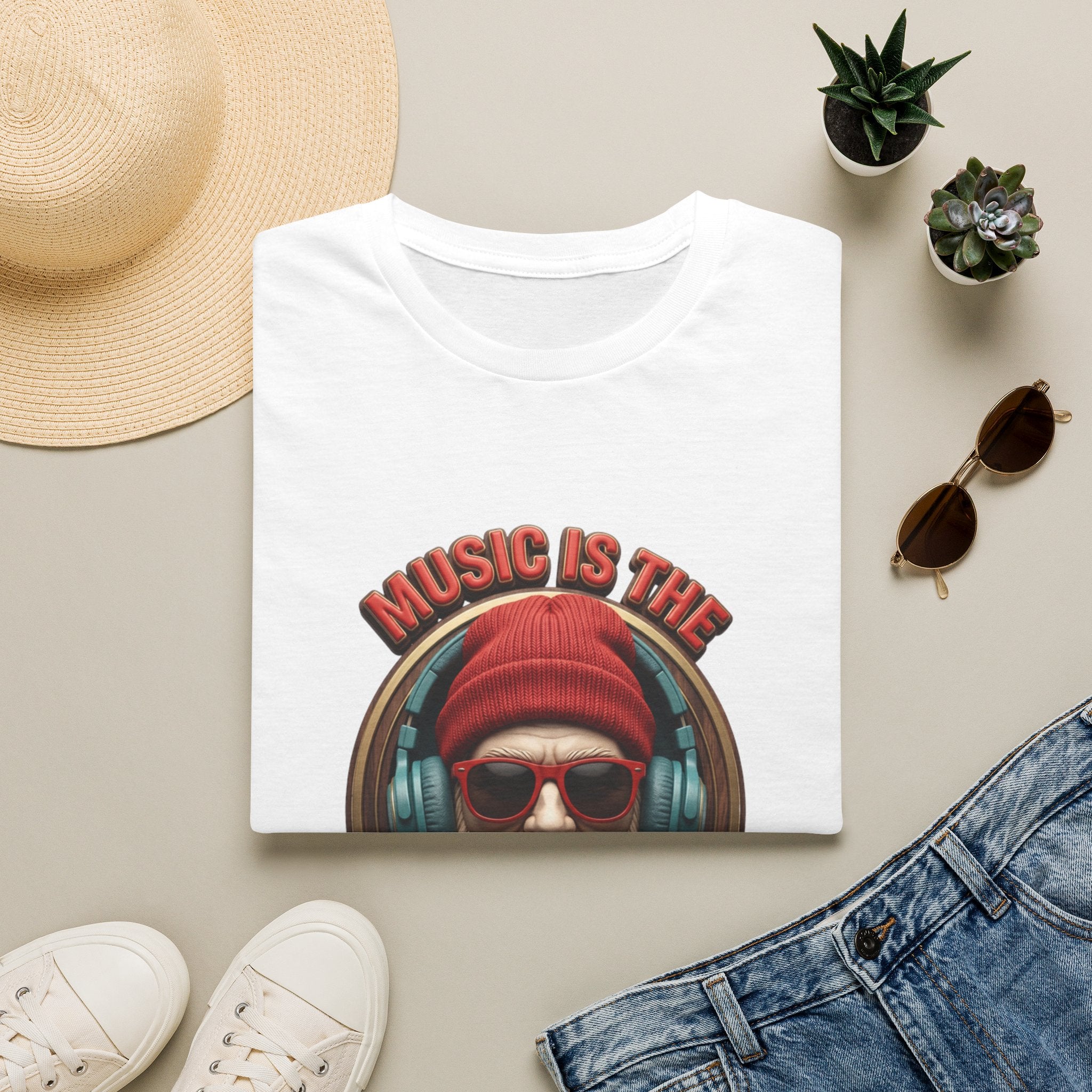 Music Is The Only Therapy Bearded Beanie print on a White t-shirt, folded beside a straw hat and jeans