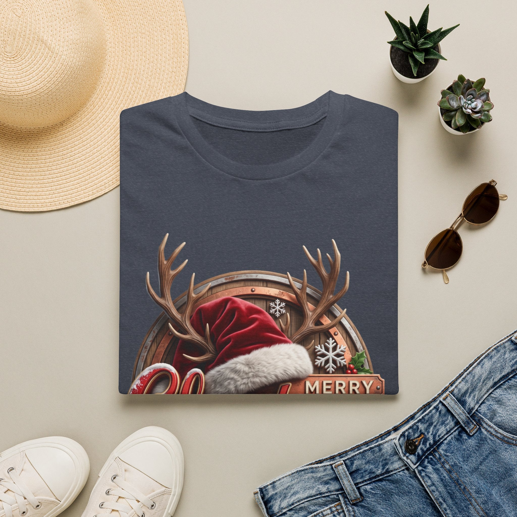Merry Christmas Vintage Santa Hat & Antlers print on a Heather Navy t-shirt, folded beside a straw hat and jeans