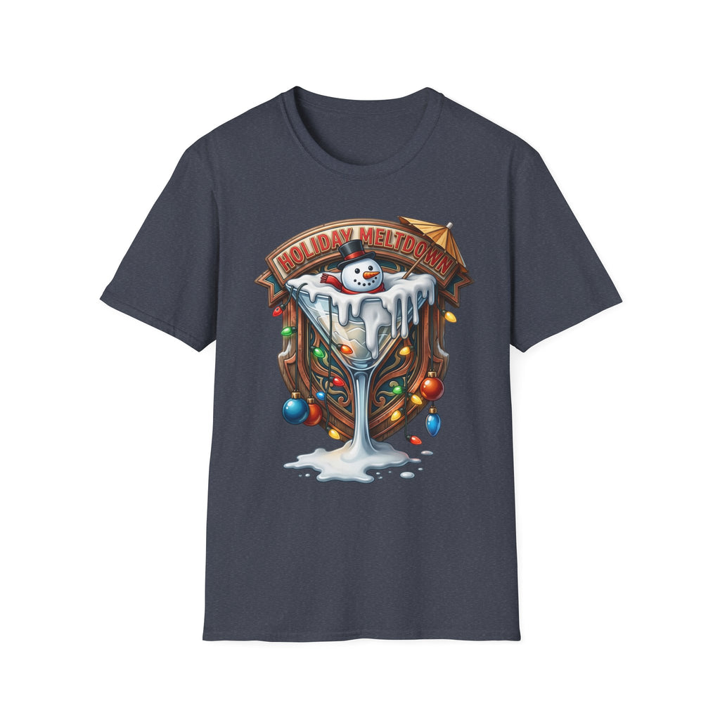 Holiday Meltdown Snowman Martini print on the front of a Heather Navy t-shirt, laid flat on white
