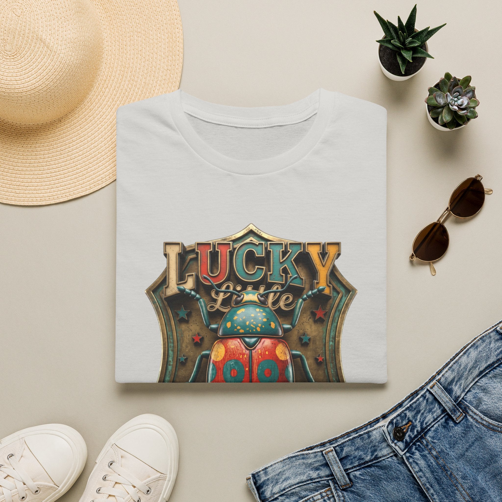Lucky Little Bugger Vintage Beetle print on an Ice Grey t-shirt, folded beside a straw hat and jeans