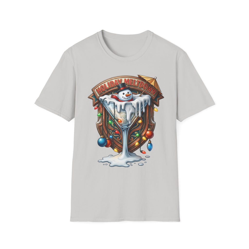 Holiday Meltdown Snowman Martini print on the front of an Ice Grey t-shirt, laid flat on white