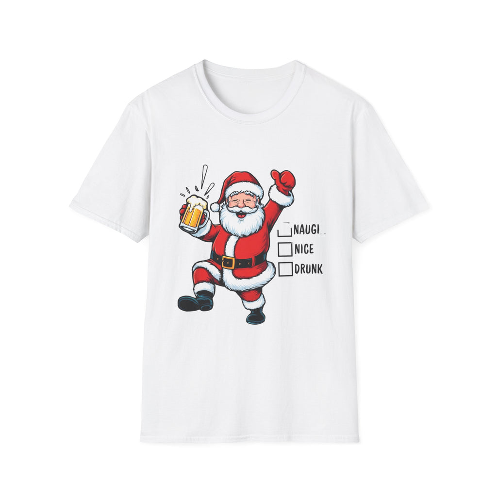 Naughty Nice Drunk Santa Beer Checklist print on the front of a White t-shirt, laid flat on white