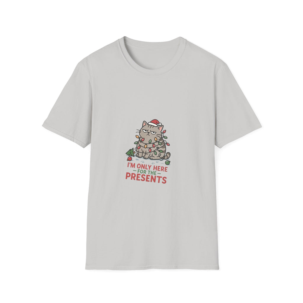 Funny Cat I'm Only Here for the Presents print on the front of an Ice Grey t-shirt, laid flat on white