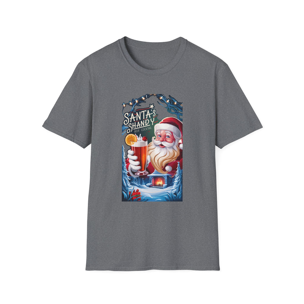 Santa's Shandy Beer Cocktail print on the front of a Graphite Heather t-shirt, laid flat on white