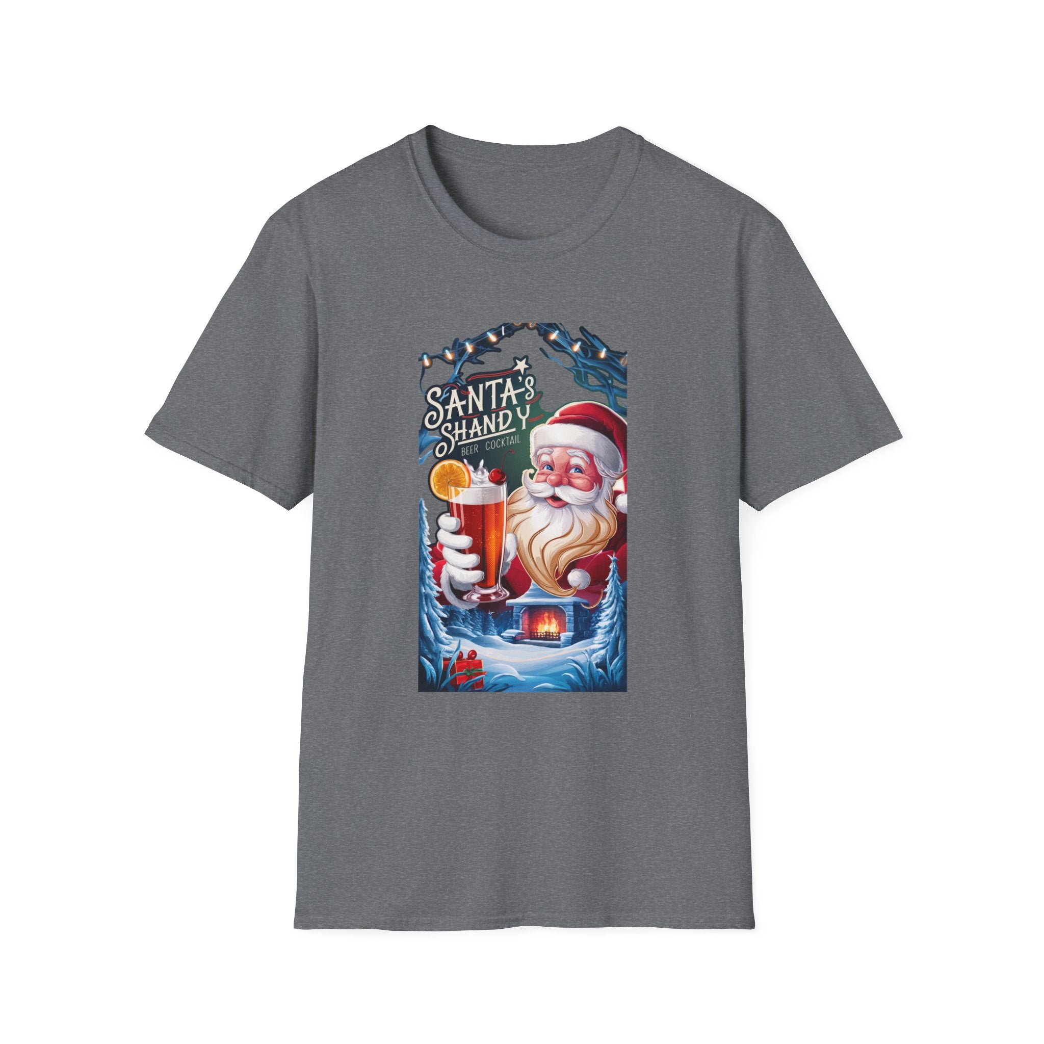 Santa's Shandy Beer Cocktail print on the front of a Graphite Heather t-shirt, laid flat on white