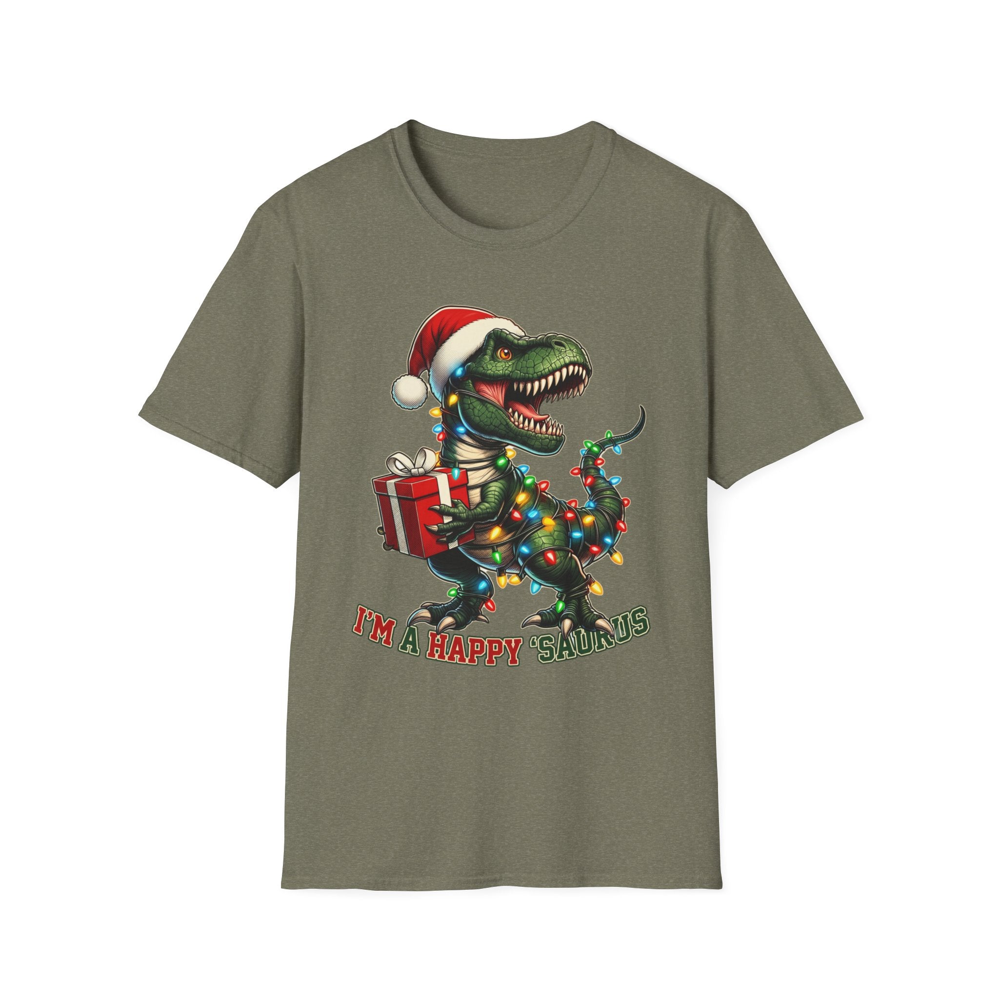 Happy Saurus T-Rex Santa Hat Christmas Lights print on the front of a Heather Military Green t-shirt, laid flat on white