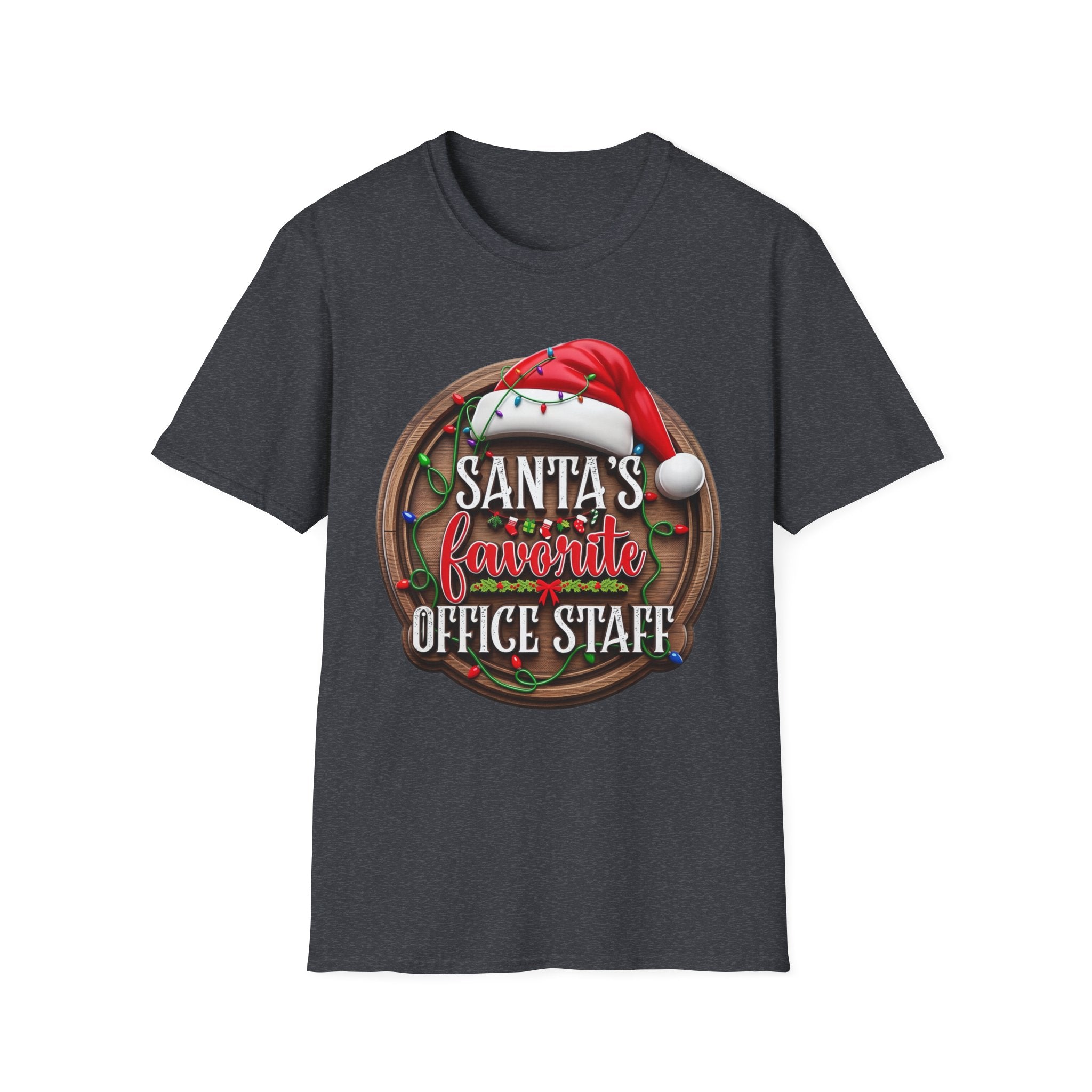 Santa's Favorite Office Staff print on the front of a Dark Heather Grey t-shirt, laid flat on white