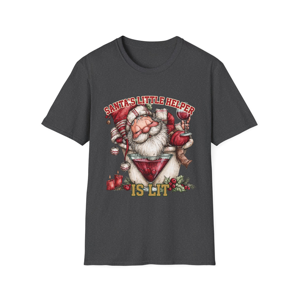 Santa's Little Helper Is Lit Christmas Wine print on the front of a Dark Heather t-shirt, laid flat on white